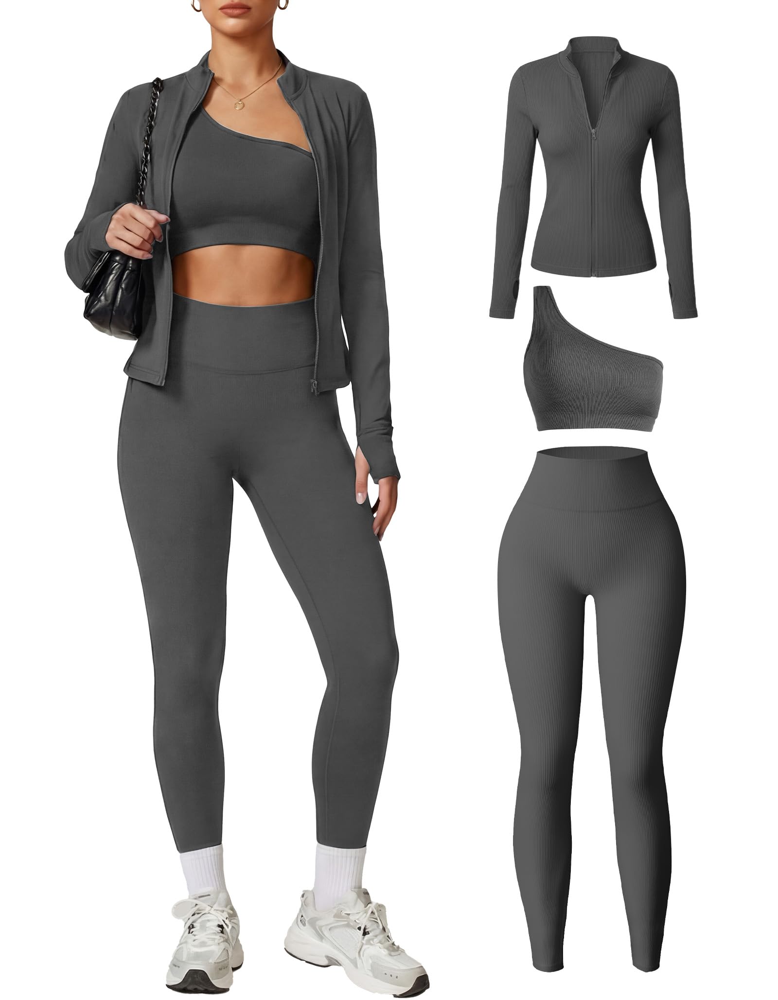 Women 3 Piece Seamless Workout Set Gym Yoga Sports Bra High Waisted Leggings Zip Up Jacket with Thumbhole Activewear-image-22