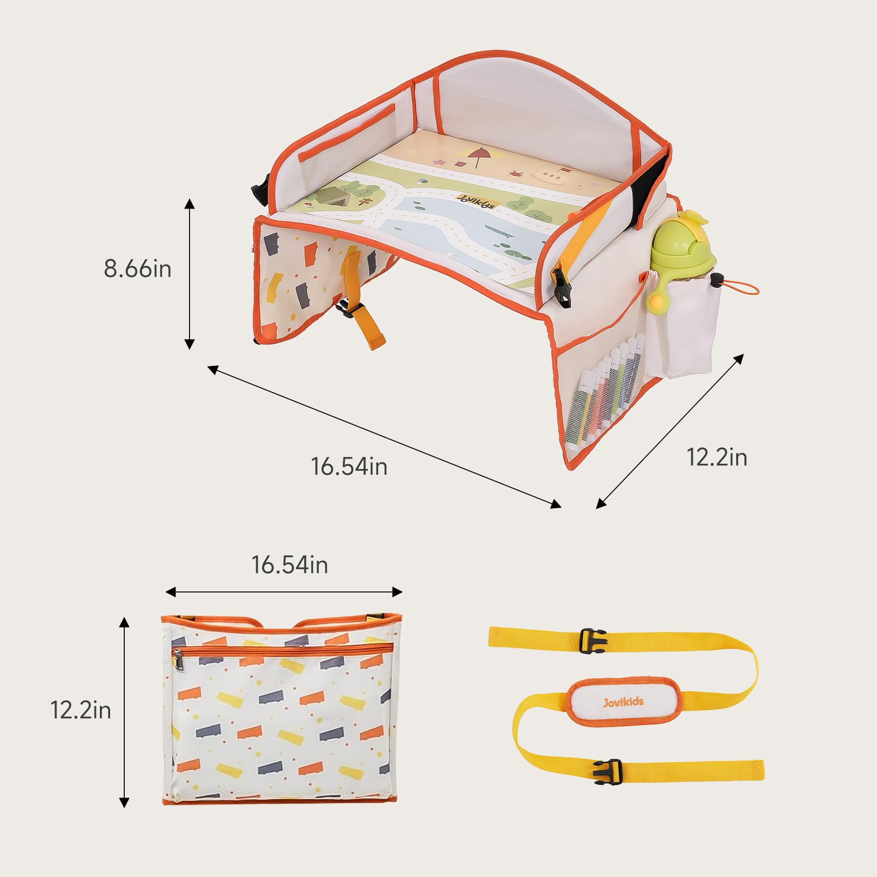 Jovikids Vassoio da Viaggio per Bambini, Tavola da Disegno Cancellabile, Tasca PAD touch screen Tavolino Auto per Bambini, 7 Tasche, Pieghevole e Portatile (beige)