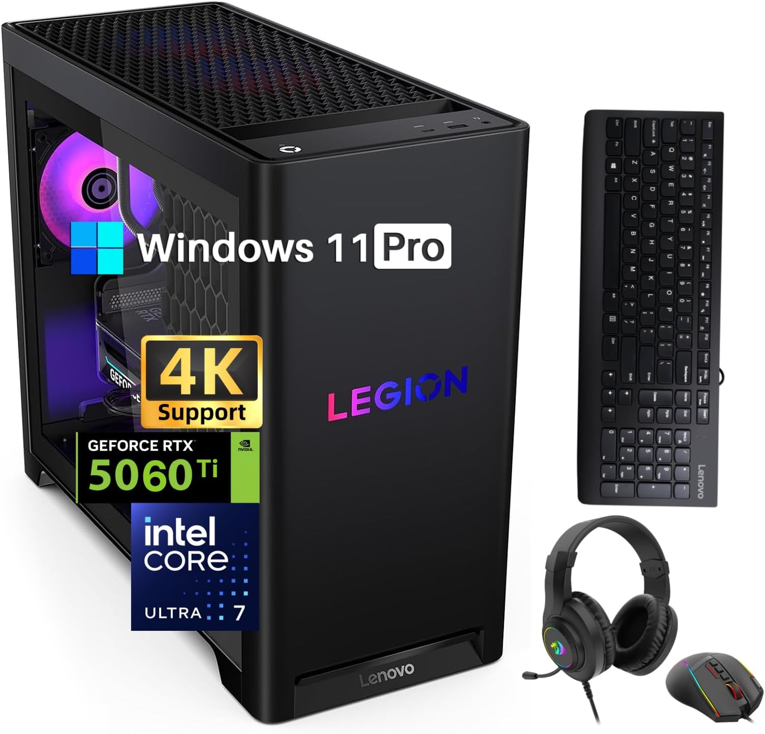 Legion Tower 5i Gaming Desktop PC, Intel Ultra 7 Processor 265F (Up to 5.3 GHz), NVIDIA GeForce RTX 5060Ti Graphics, 32 GB DDR5-5600 MT/S, 2 TB SSD, Windows 11 Pro, Accessories