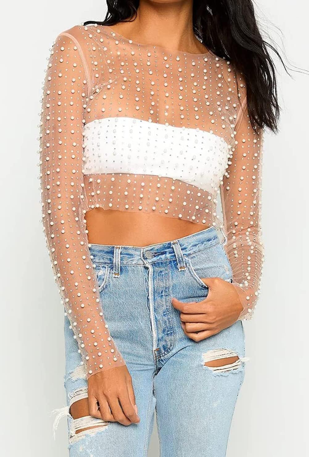 Women's Pearl Rhinestone See Through Long Sleeve Mesh Blouse One Piece Cover Up Crop Tops - Image 2