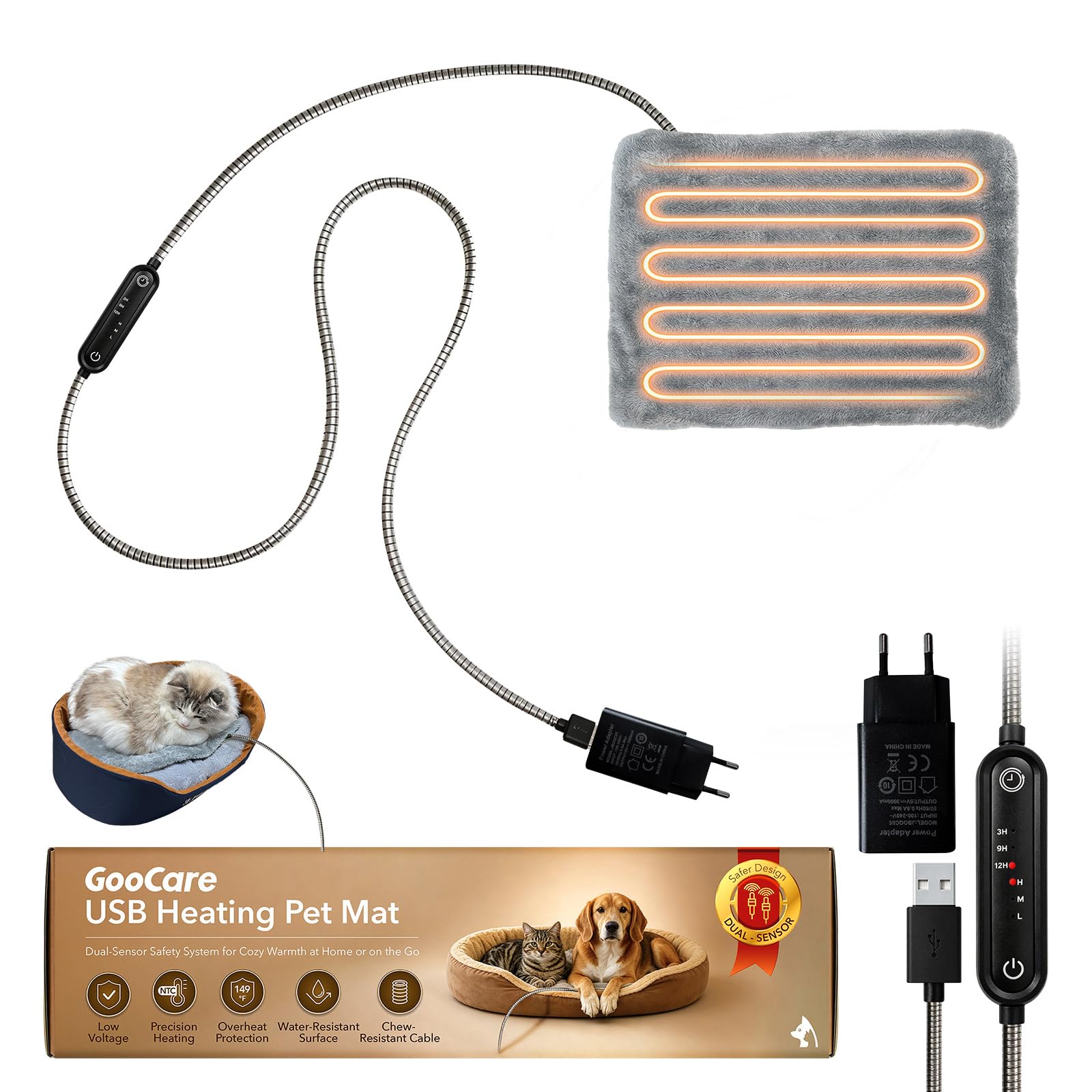 GooCare 5V USB Pet Heating Pad, Dual-Sensor Safety, Adapter, Cat, Dog, S