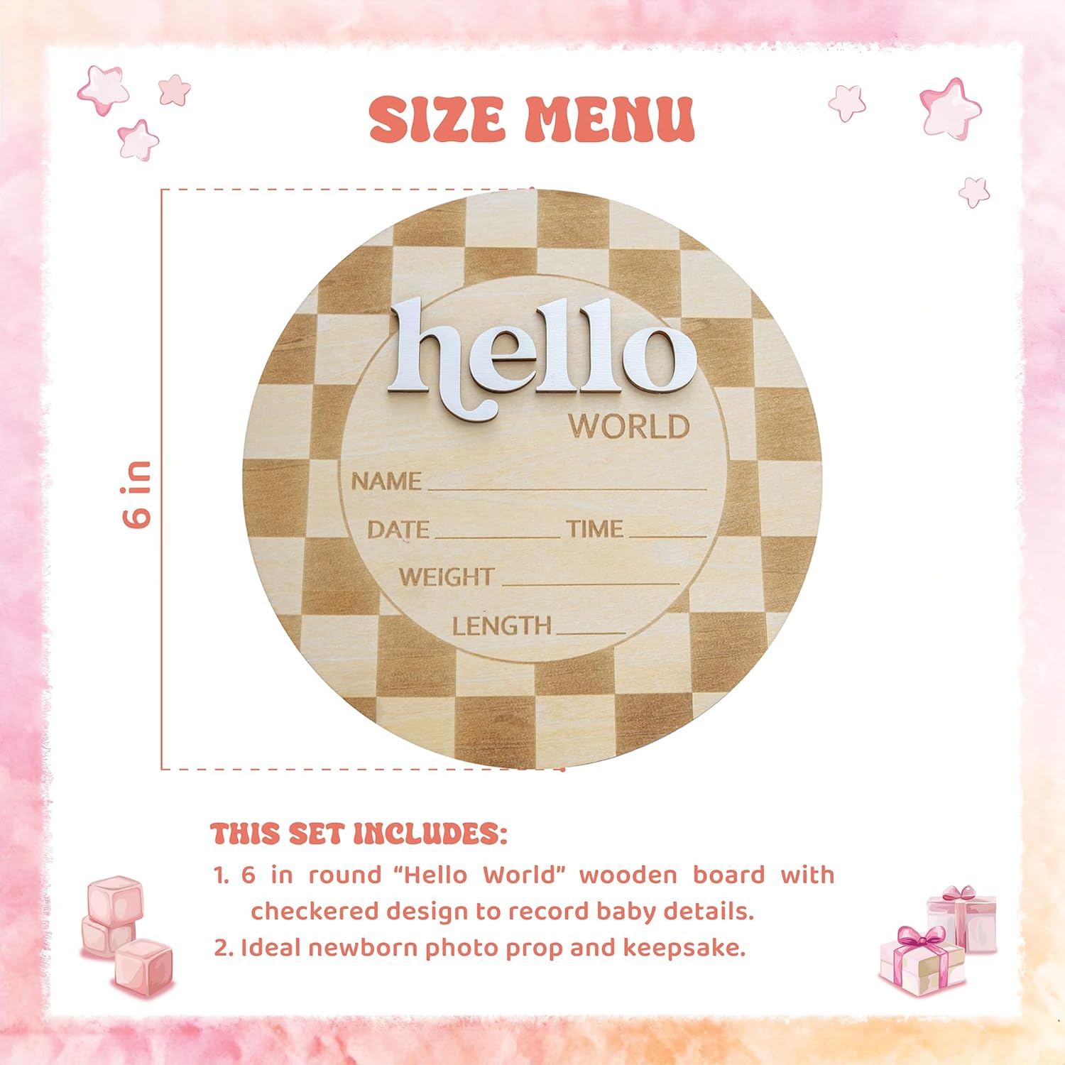 Baby Announcement Sign 6.5 Inch Wooden Hello World Newborn Welcome Sign Birth Name (Checkered)