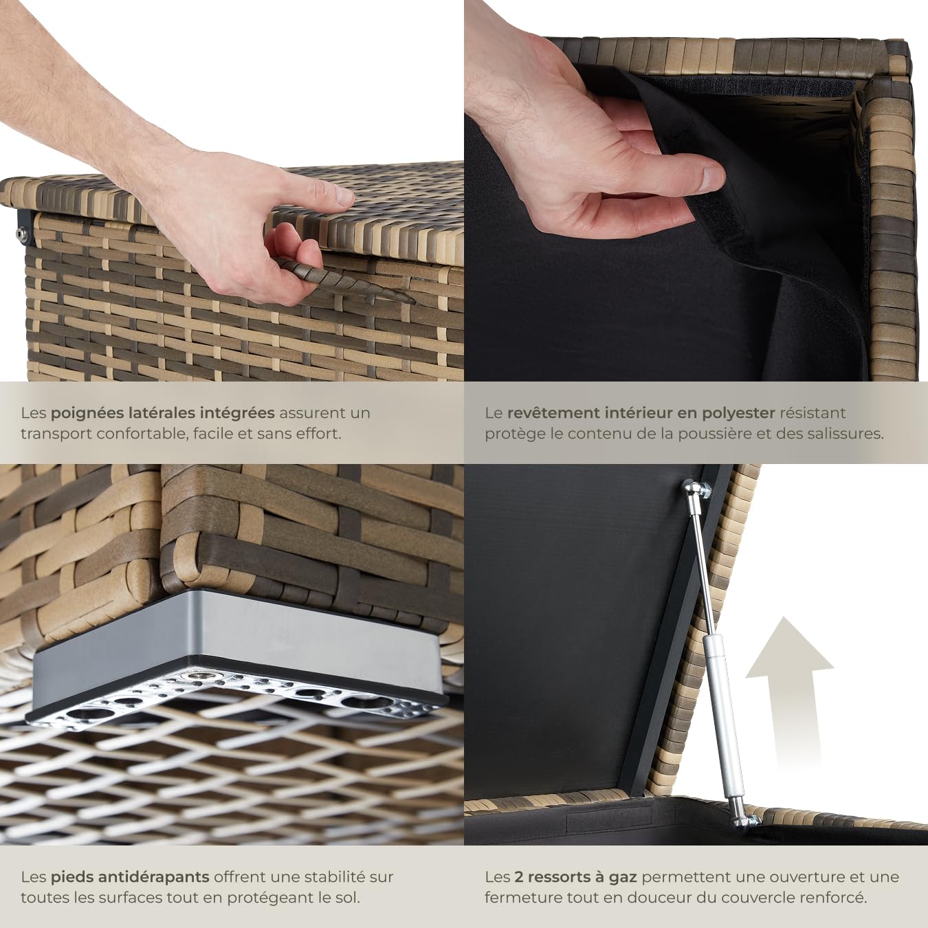 tectake® Coffre de jardin Exterieur, Coffre à Coussins 750 L en Aluminium Polyrotin 145 x 82,5 x 79,5 cm, Couvercle Rabattable, Poignées pour Rangement des Outils de Jardin, Jouets - 5