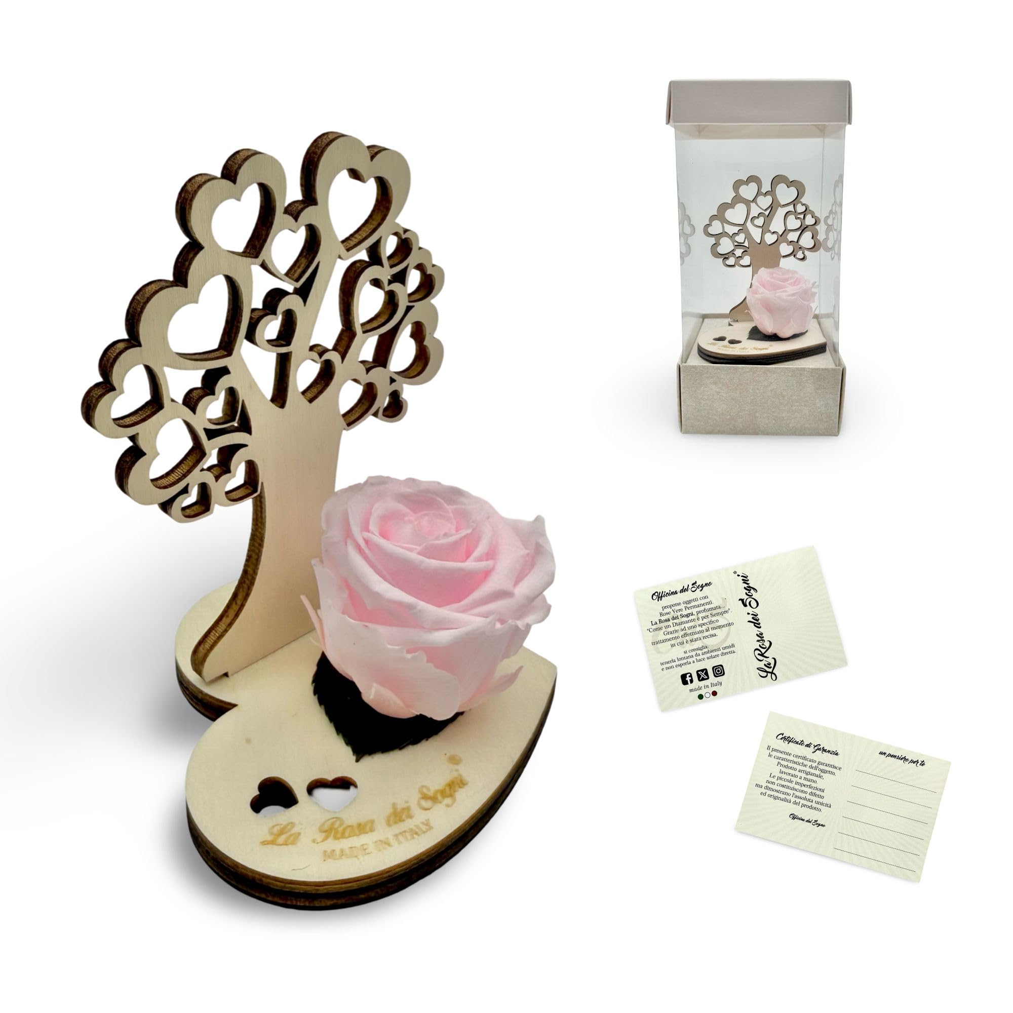 Rosa Stabilizzata con Albero della Vita in Legno – Fiore Naturale a Lunga Durata, Intaglio Laser e Scatola Elegante – Idea Regalo Simbolica Made in Italy (Rosa)