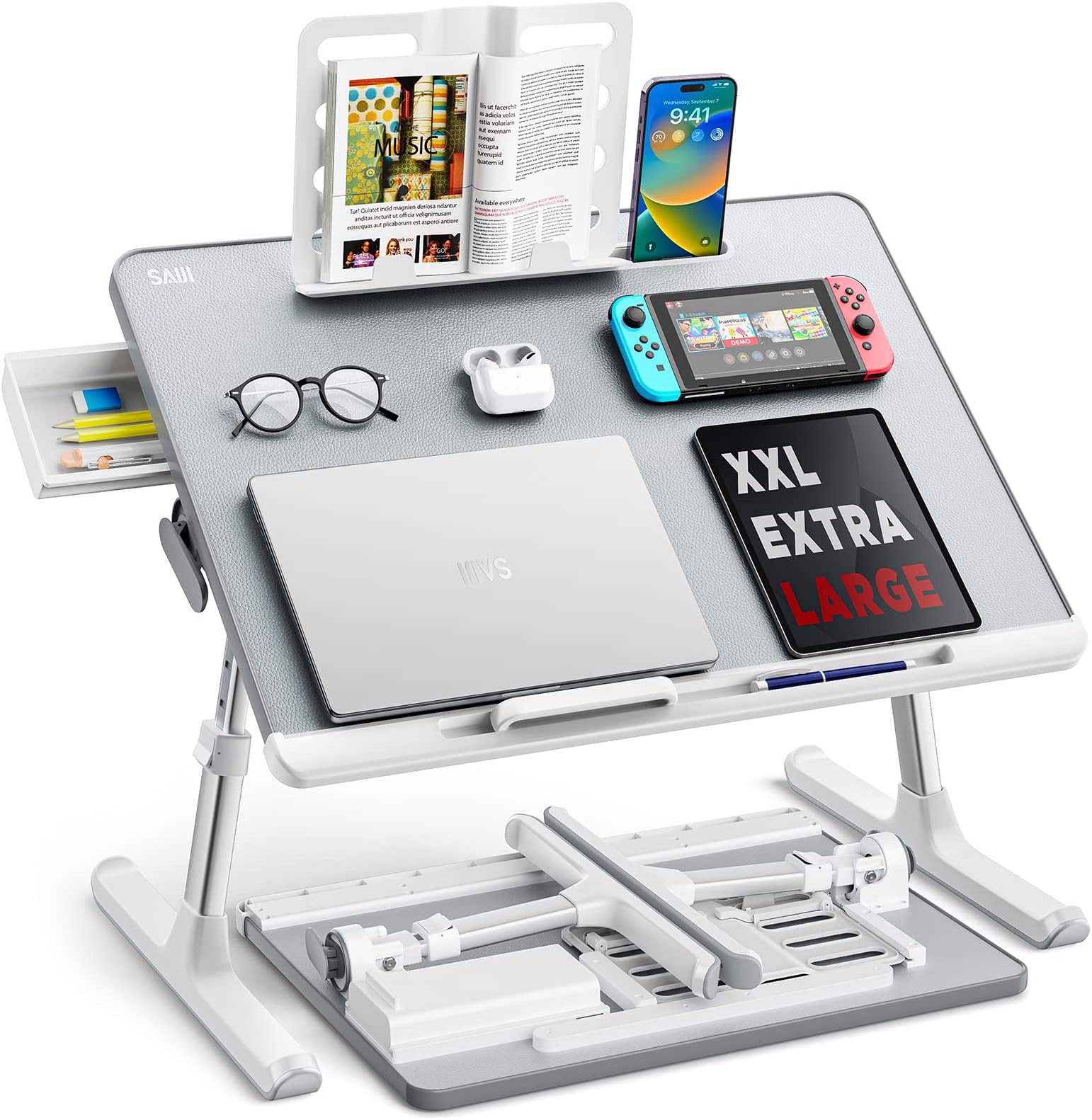 Laptop tray, SAIJI 60*45cm Table lap for bed, Multi-purpose Premium Lapdesk, Height Angle adjustable, with Book Stand, Drawer, Tablet slot, for Eating, Working, Writing, Gaming, Drawing (Light Grey)