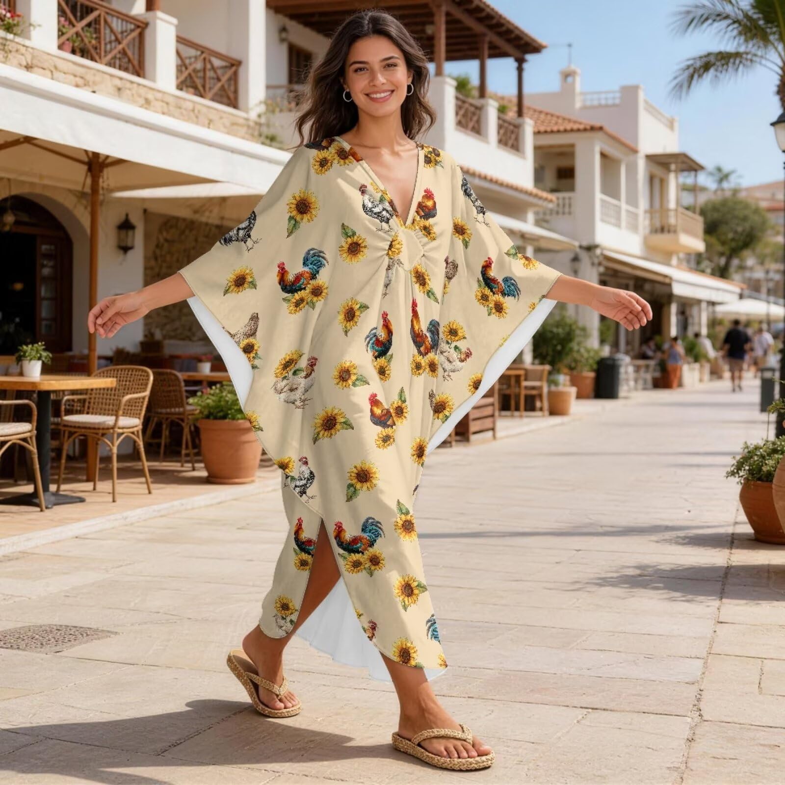 Xoenoiee Vestido caftán para mujer, talla grande, para playa, cuello en V, manga murciélago, traje de baño, vestido caftán de verano
