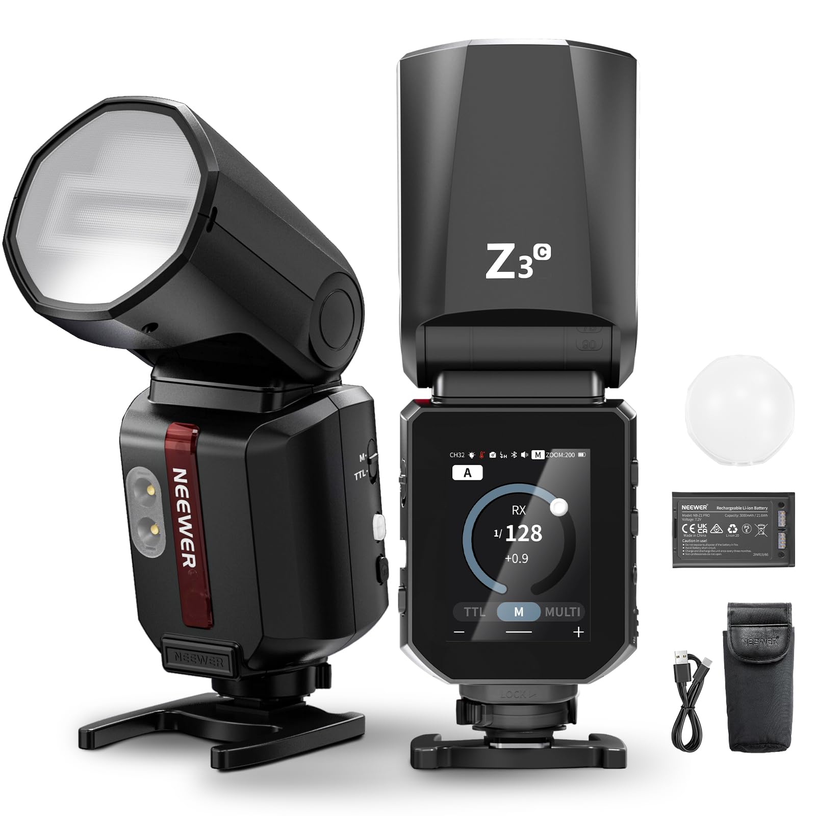 NEEWER Flash 100Ws 2,4G TTL Griffe Compatible avec Canon Caméra et Godox,écran Tactile,HSS 1/8000,2 Lampe Pilote,Commutation TTL/M,Batterie 3000mAh/500 Pleine Puissance,éclairage Studio Photo,Z3-C