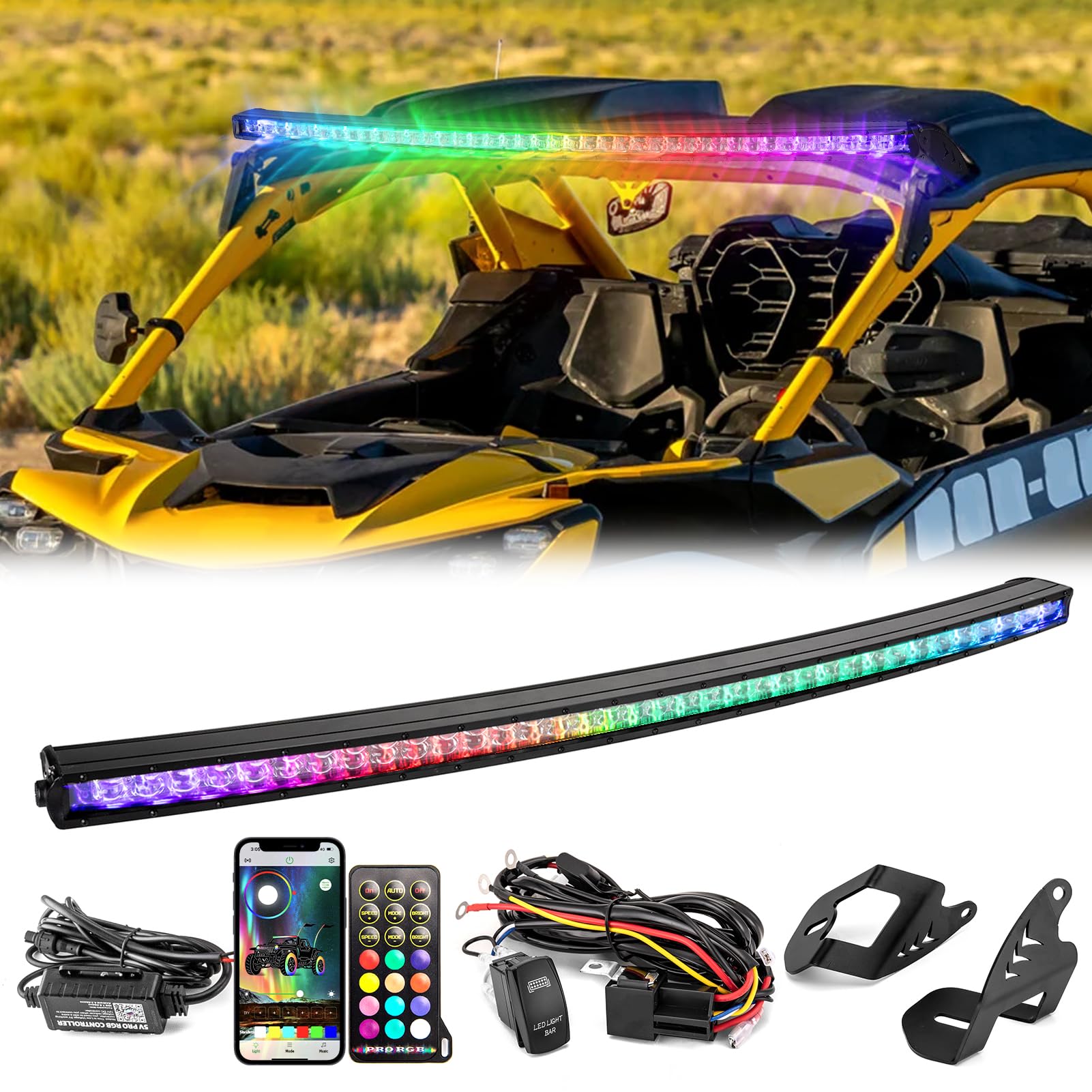 WeiSen 42" 240W RGBW LED Curved Light Bar w/Key on Wiring Harness and Roof Light Mounting Brackets Compatible with Can Am Maverick R/Max All Models 2024-2025