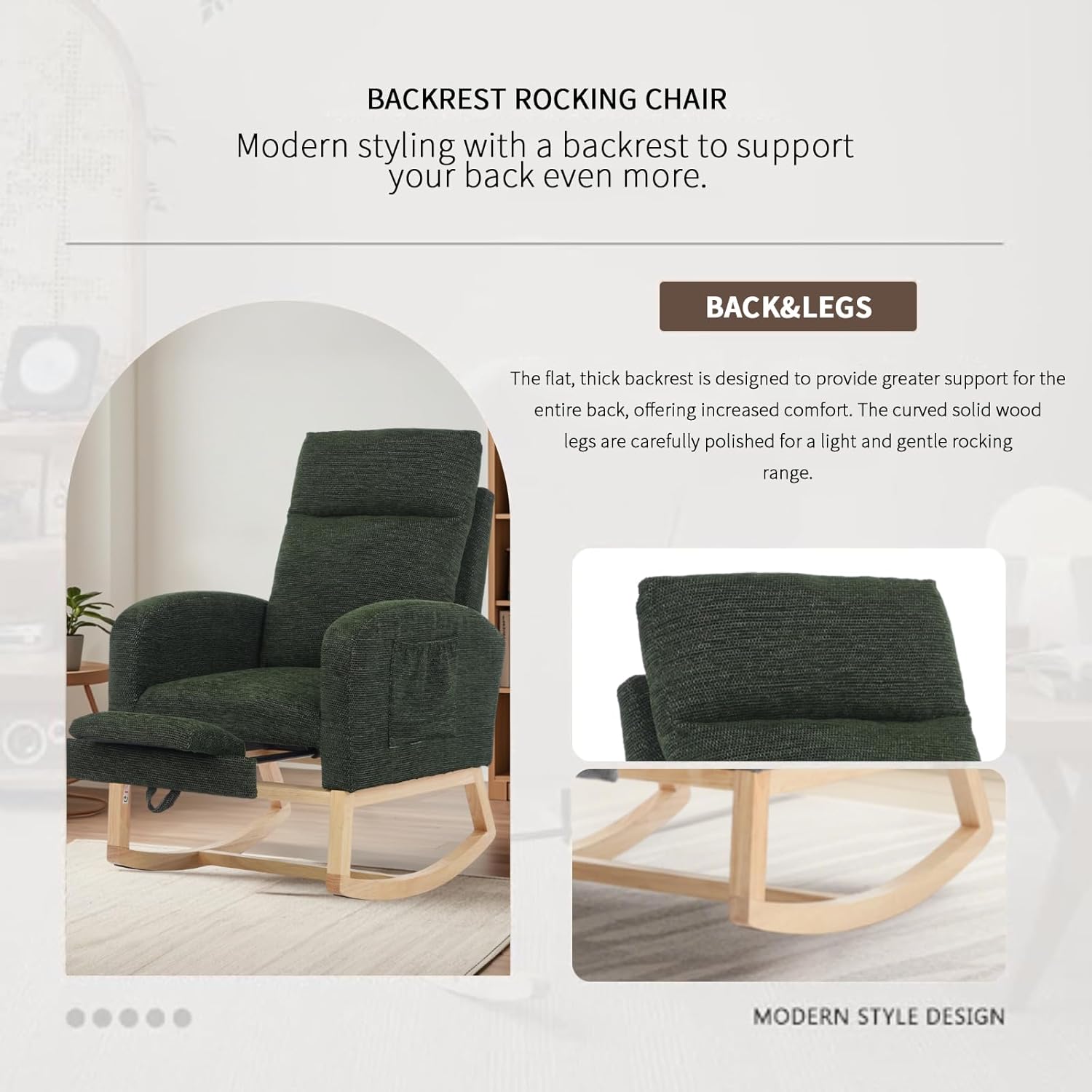 Nursery Rocking Chair with Adjustable Footrest for Living Room - Teddy Fabric, Solid Wooden Legs, Comfortable Lounge Armchair with High Backrest and Side Pockets (Contemporary, Dark Green-1 line)