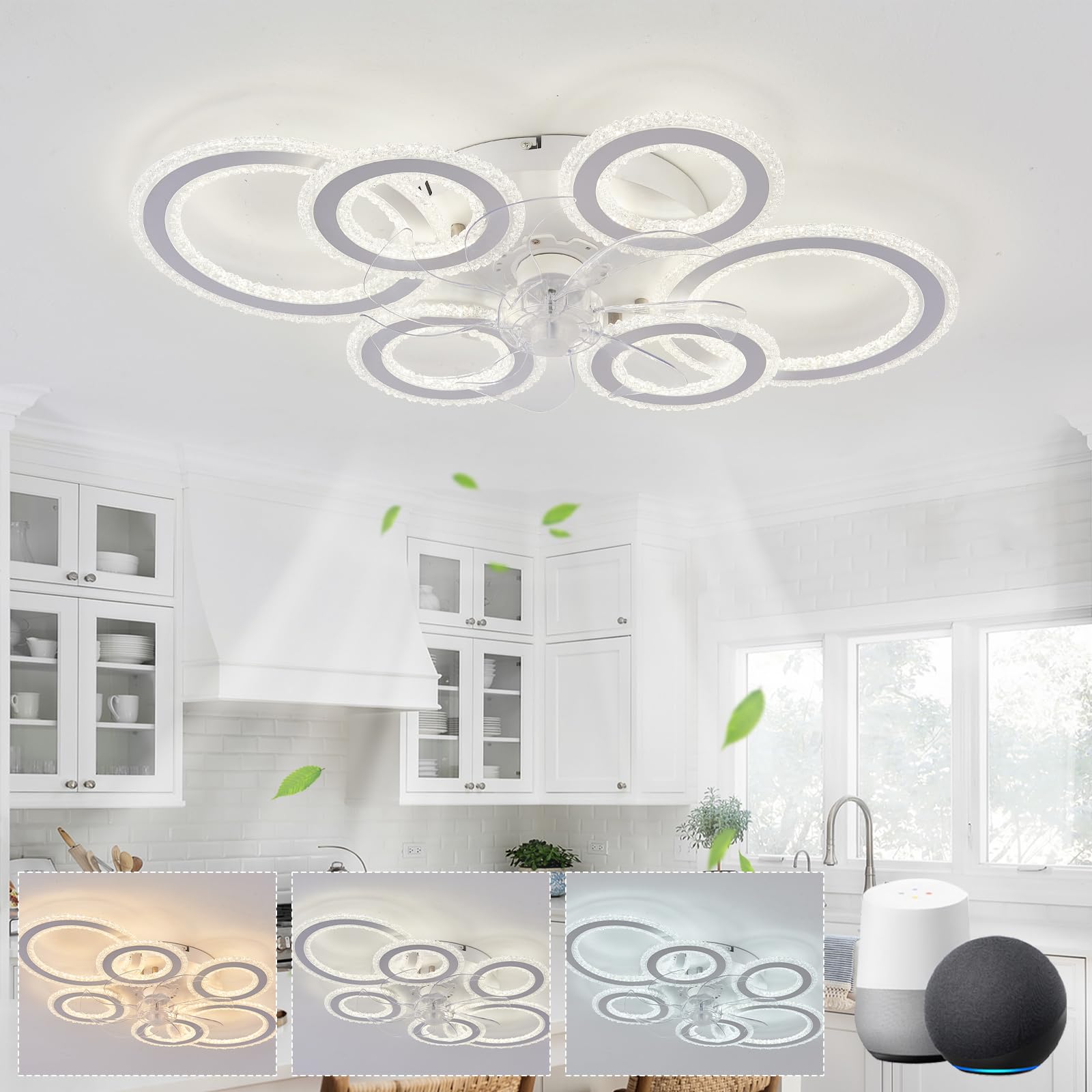 LJX 108W Deckenleuchte mit Ventilator Kompatibel mit Alexa und Google Assistant 76cm Kristall Ring Deckenventilator mit Beleuchtung Leise Reversibel Dimmbar für Schlafzimmer Wohnzimmer, Weiß