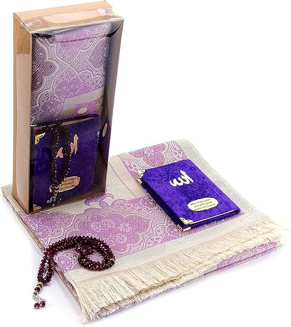 ihvan online Taffeta Fabric Muslim Prayer Rug & Velvet Covered Yaseen Surah Pocket-Size Book & Crystal Prayer Beads Set with Kraft Boxed, Perfect Islamic Ramadan Eid Gifts, Lilac