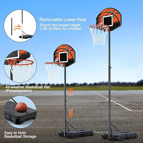 Miniatura 4 de Aro de baloncesto para niños, aro de baloncesto ajustable de 2.9 a 6.9 pies, para exteriores, tablero trasero de 28 pulgadas, soporte de baloncesto