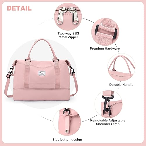 Miniatura 6 de Bolsas de fin de semana para mujer, bolsas de viaje con compartimento para zapatos, Rosado, Bolsa de viaje+neceser