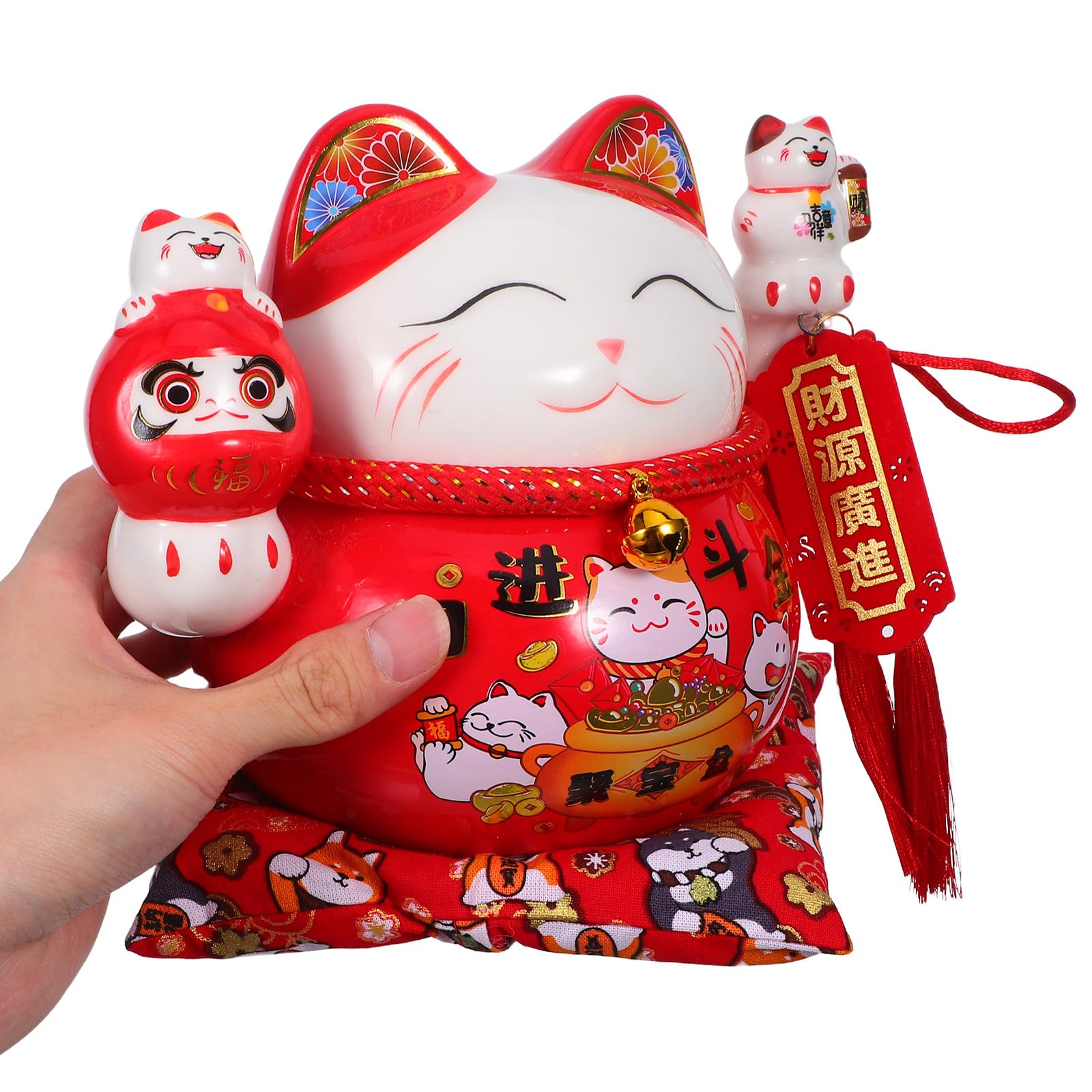 Keramik Spardose Maneki Neko Glückskatze Feng Shui Münzbehälter Tischdeko Rot Kompakt