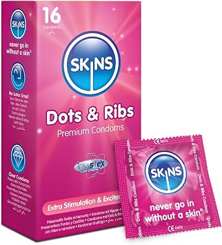 Skins Dots & Ribs Condoms 16 Pack - Ribbed and Dotted Condoms for Men - Thin Feel, Extra Lubricated & Clear - Long-Lasting Bulk for Men with Maximum Texture & Comfort