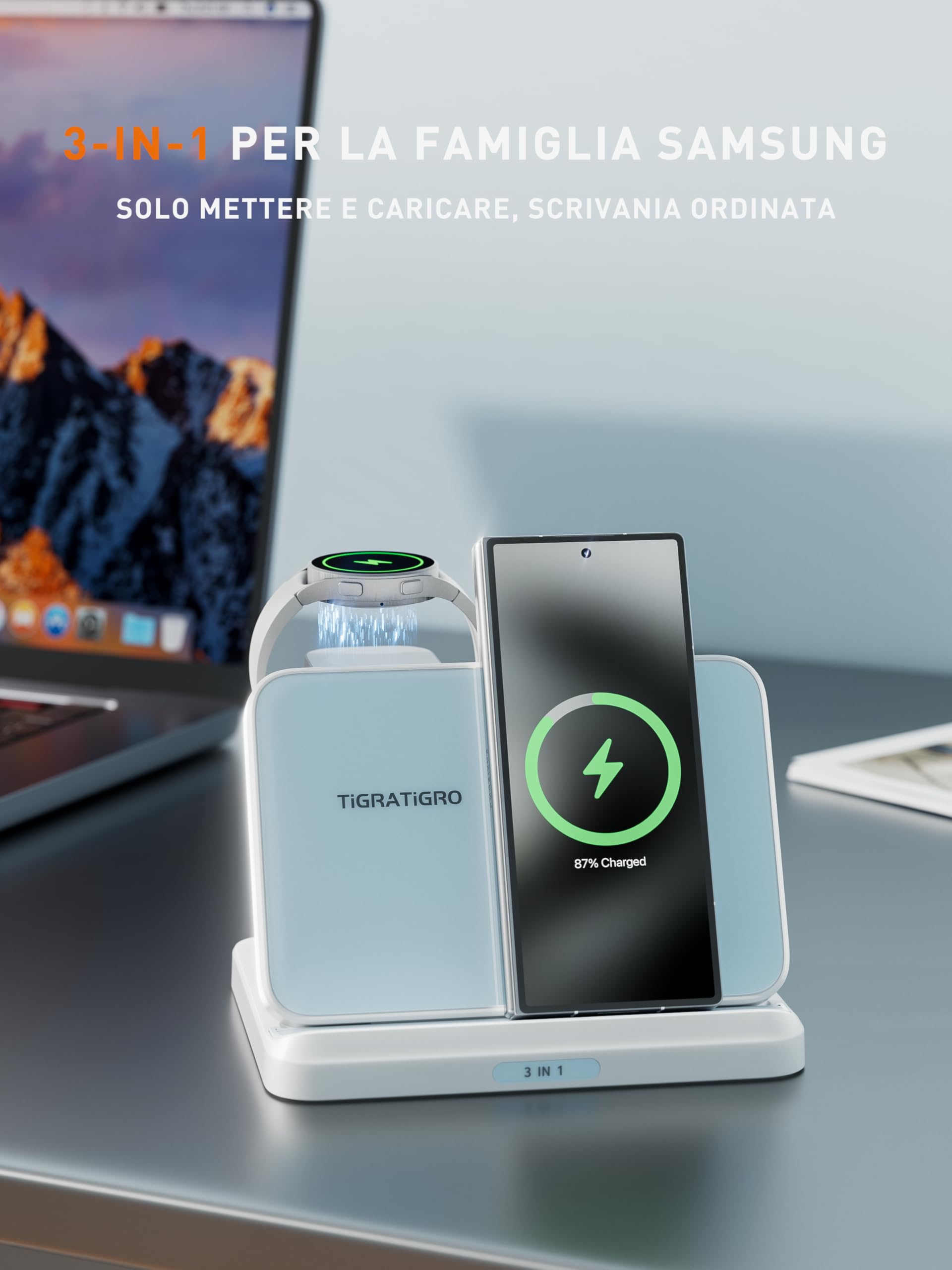Tigratigro Caricabatterie Wireless 3 in 1 per Samsung, Stazione di Ricarica Wireless Veloce Pieghevole per Samsung Galaxy S26/S25/S24/23/22/21 Note 20/10/9 Z Flip/Fold, Watch Galaxy Buds (White, W820)