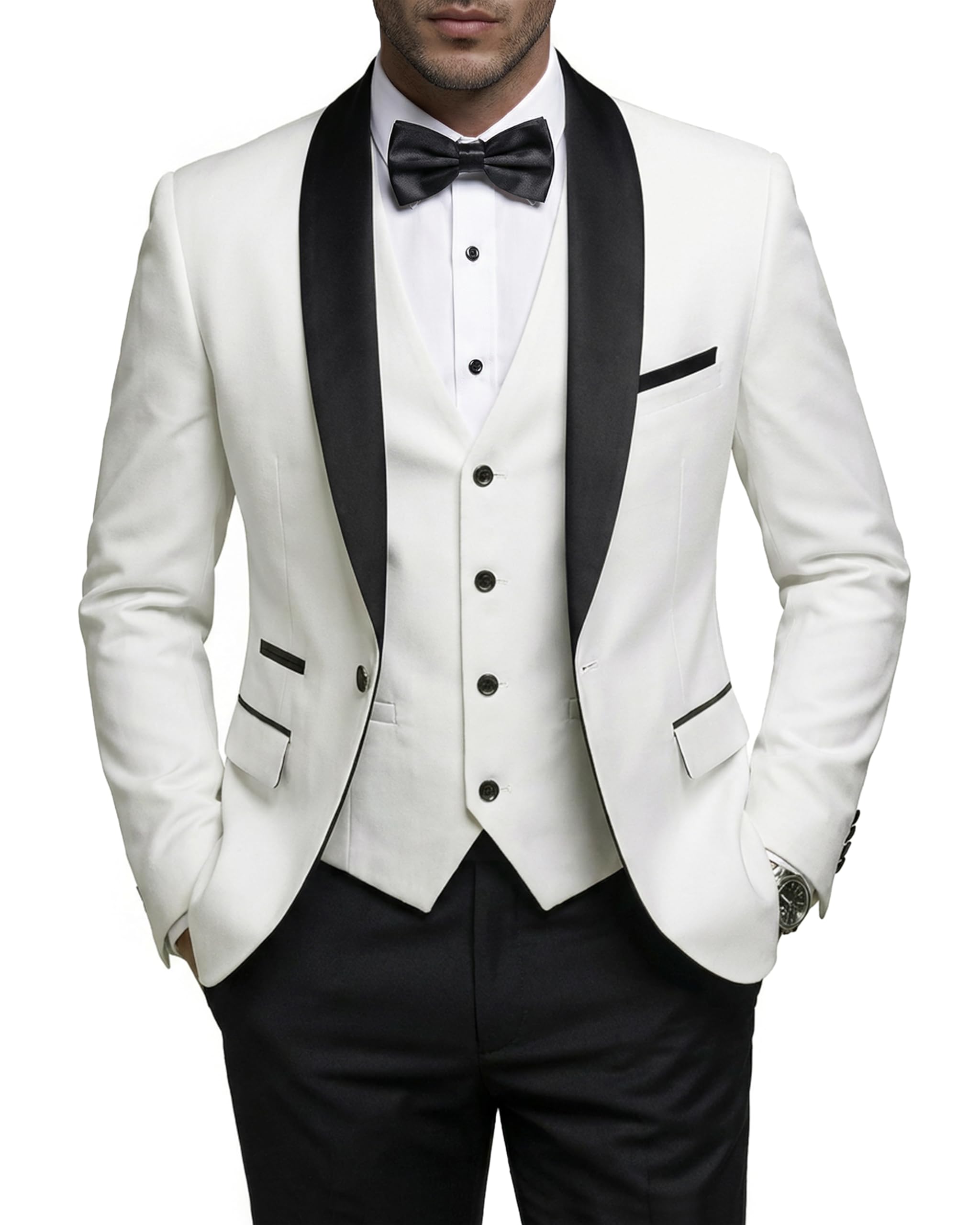 YND Men's 3 Piece Tuxedo Set with Bow Tie, Slim Fit One Button Shawl Lapel Suit Blazer Vest Pants, for Wedding Prom Dinners