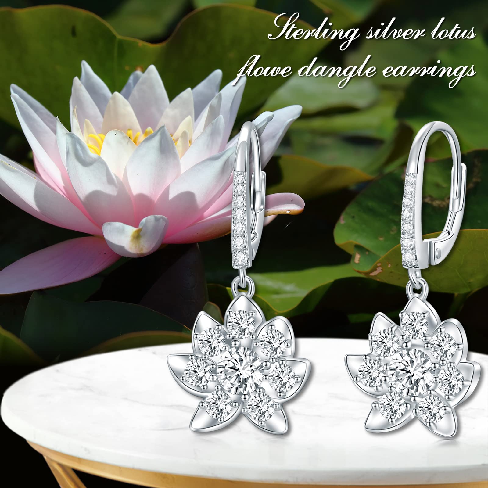 VONALA Sterling Silver Flower/Lotus/Square Leverback Earrings for Women Crystal Dangle Drop Earrings Cubic Zirconia Dangling Earrings for Women Teens Gift
