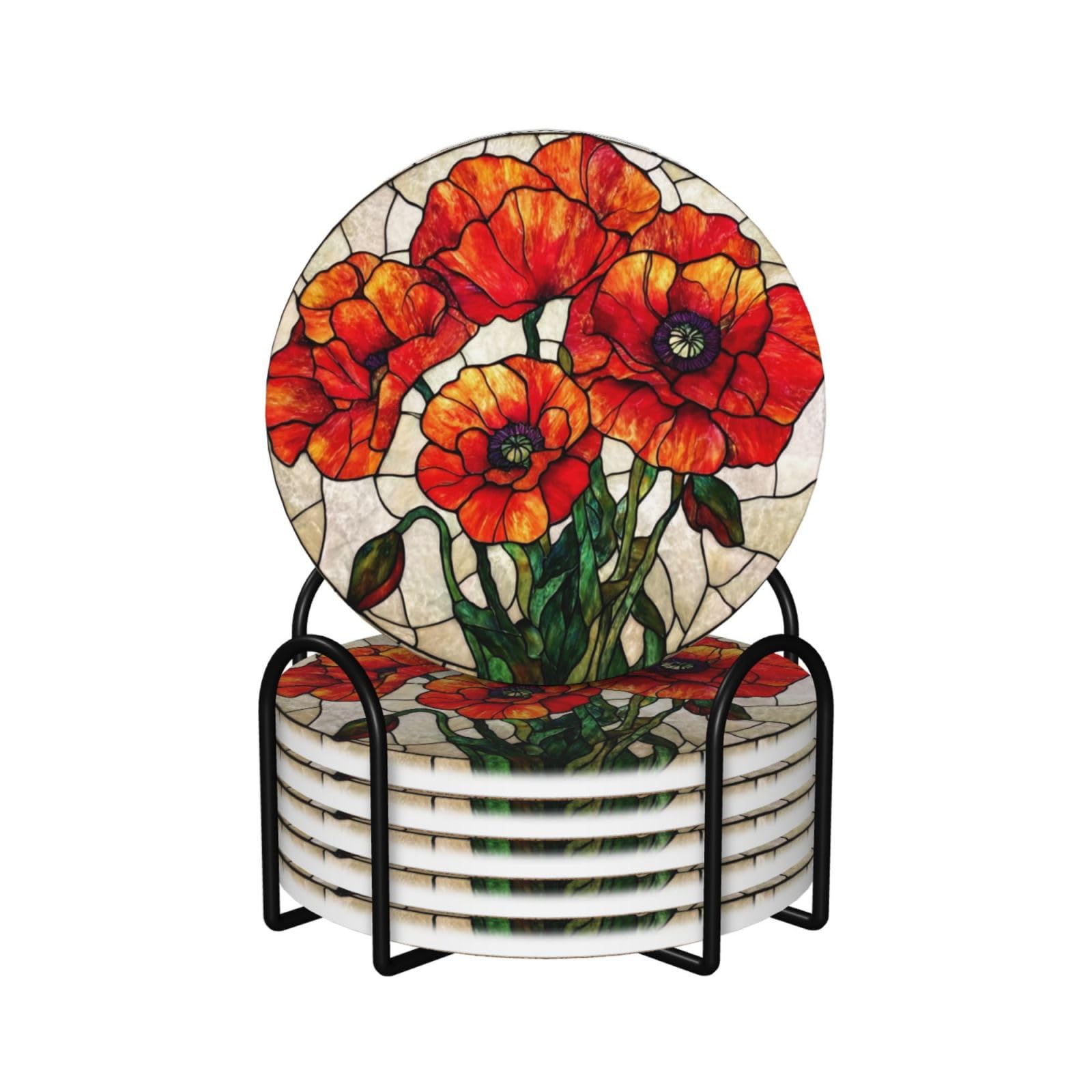 Stained Glass Vibrant Red Poppies Ceramic Coasters with Holder 6ps