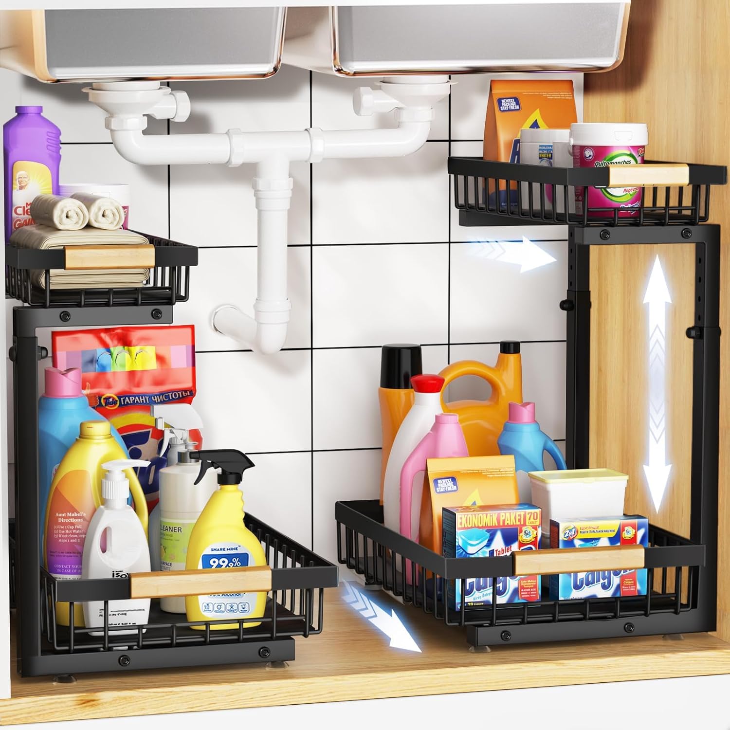 2 Pack Under Sink Organizer, Metal Slide Out Under Sink Organizers and Storage Shelves, Height Adjustable Pull Out Under Cabinet Organizer, Under Sink Storage for Kitchen, Bathroom (Black) 2 Pack Under Sink Organizer, Metal Slide Out Under Sink Organizers and Storage Shelves, Height Adjustable Pull Out Under Cabinet Organizer, Under Sink Storage for Kitchen, Bathroom (Black)