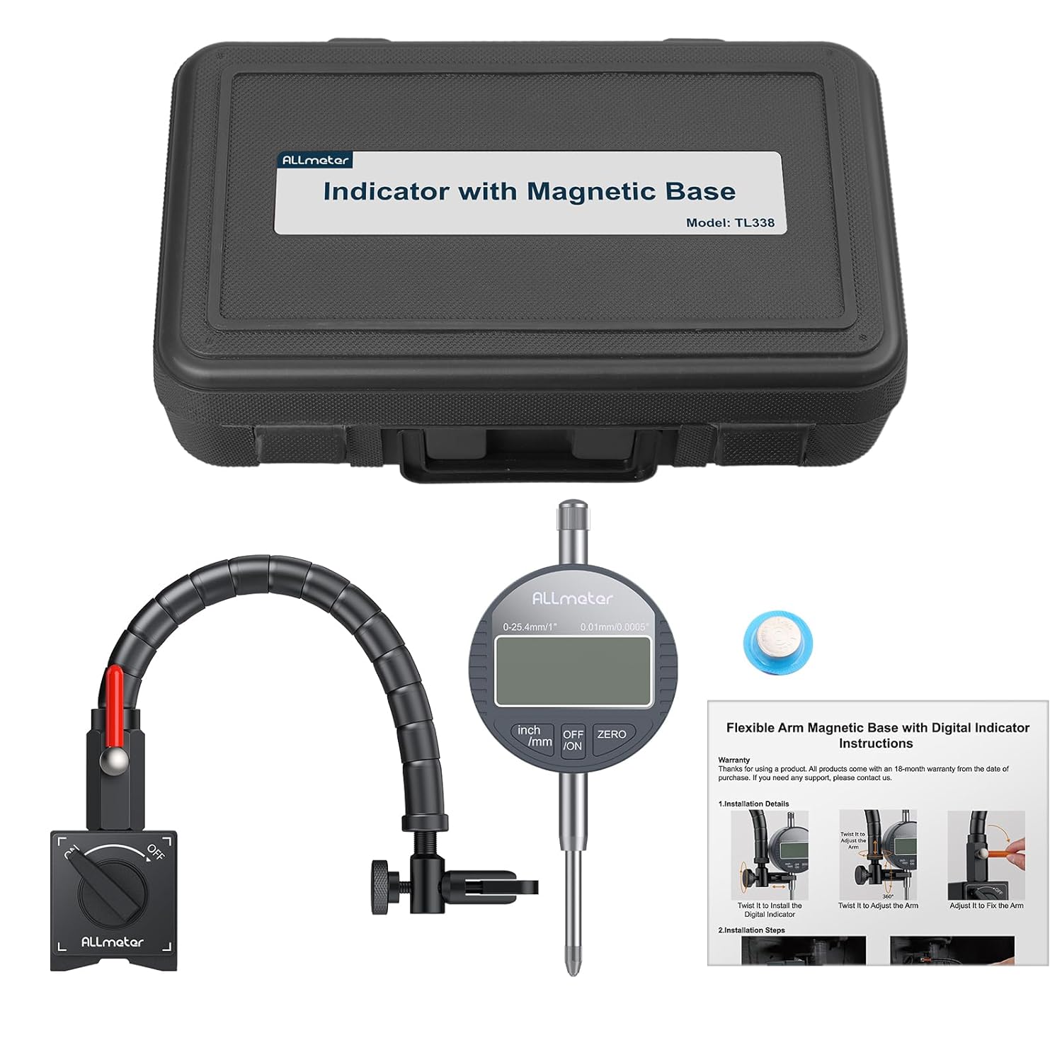 Contents of the ALLmeter Digital Dial Indicator kit, including the digital dial indicator, magnetic base with flexible arm, battery, and portable case.