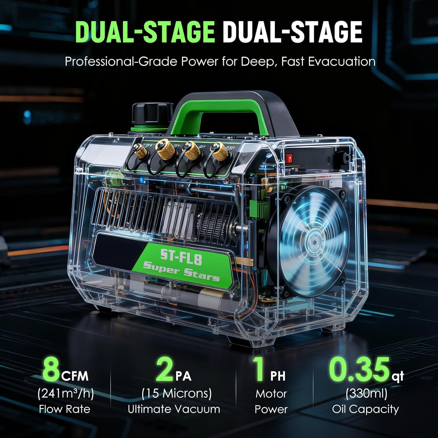 Antstone Dual Stage HVAC Vacuum Pump 1 HP 8CFM Rotary Vane Air Vacuum Pump 2 Pa 15 Micron Smart Oil Change System for HVAC Air Conditioning Refrigeration Maintenance A2L R32 R22 Compatible