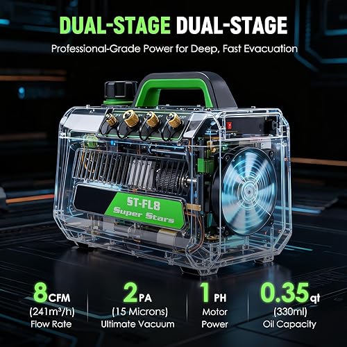 Miniatura 2 de Antstone Bomba de vacío HVAC de doble etapa 1 HP 8CFM Bomba de vacío de aire de paleta rotativa 2 Pa 15 micrones Sistema de cambio de aceite