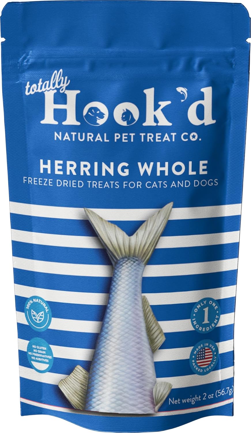 Totally Hook'd Freeze‑Dried Single‑Ingredient Whole Fish Treat, High‑Protein Omega-3, Raw, Great for Training and Picky Eaters, Snack for Dogs & Cats (2 Ounce Bag, Whole Herring, 3 Pack Bundle)