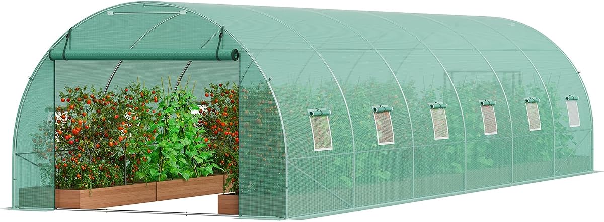 Invernadero tipo túnel VEVOR, túnel de invernadero de 29,2x9,7x6,5 pies, invernadero para plantas con marco de acero galvanizado, cubierta de PE verde, puerta enrollable con cremallera y 12 ventanas para exteriores