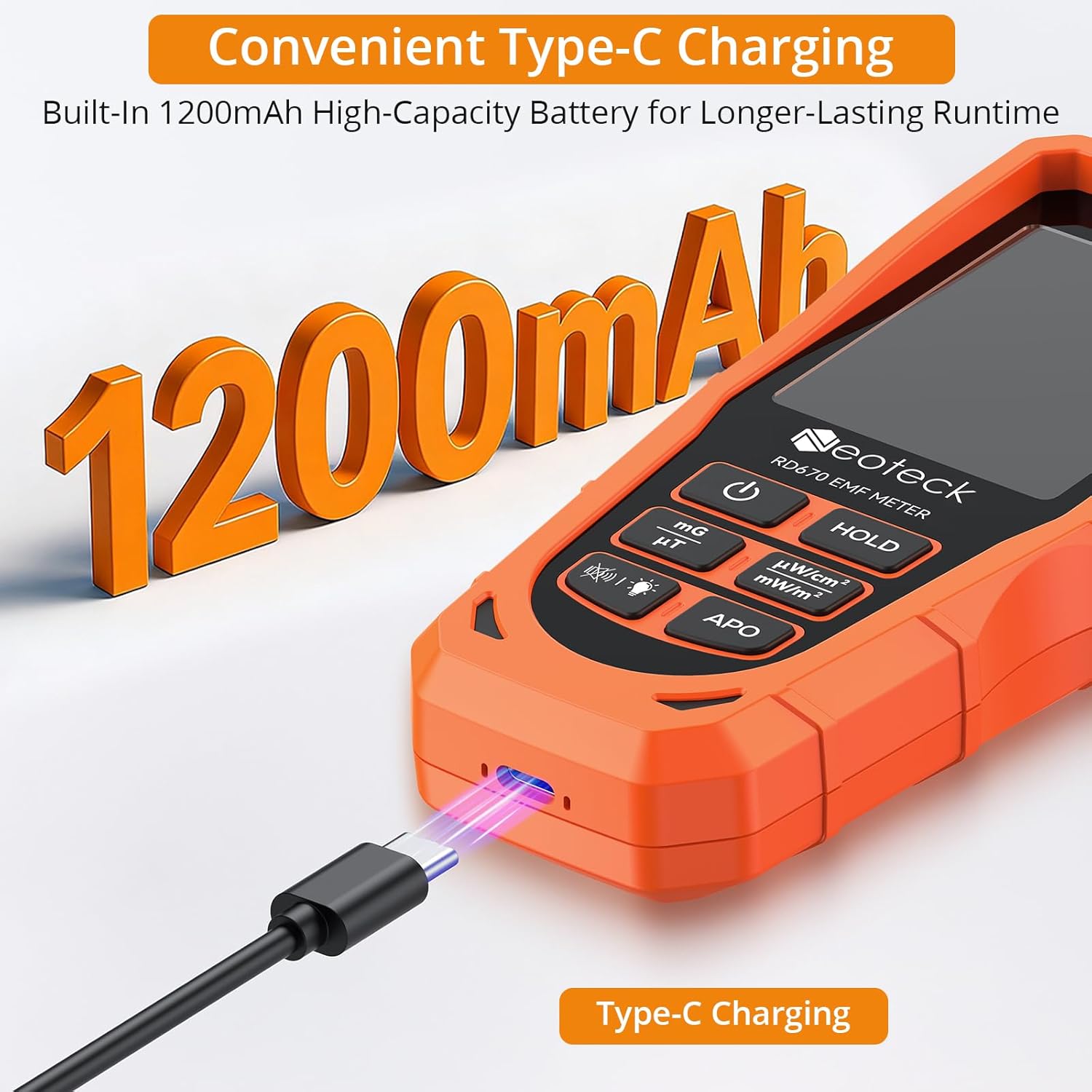 Neoteck RD670 EMF Detector with a Type-C charging cable connected to its port.