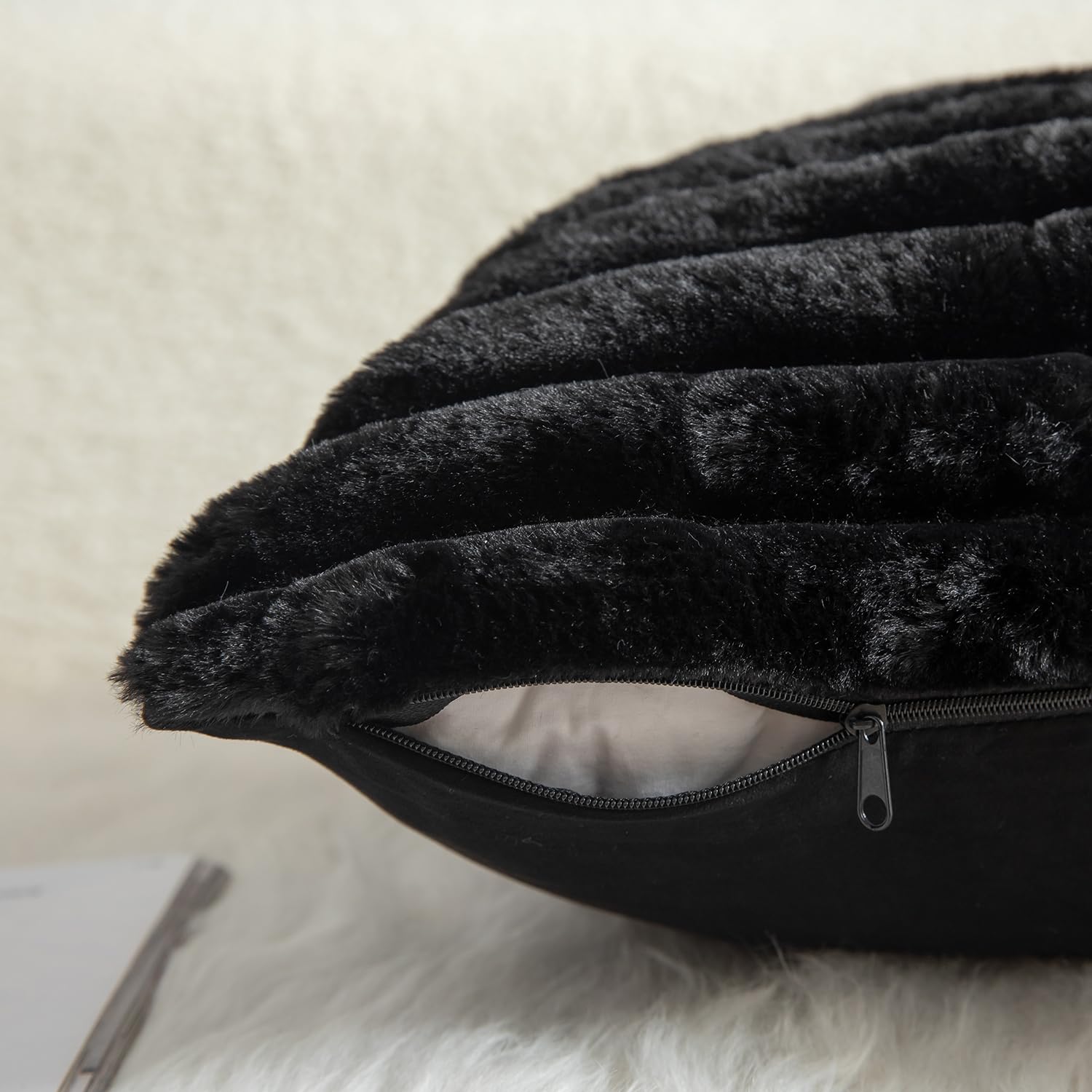 Mandioo Pack of 2 Decorative Cushion Covers 30cm x 50cm Faux Fur Striped Plush Soft Throw Pillow Covers Pillow Cases Bedroom Living Room Sofa Home 20x20 Inch Black - Image 3