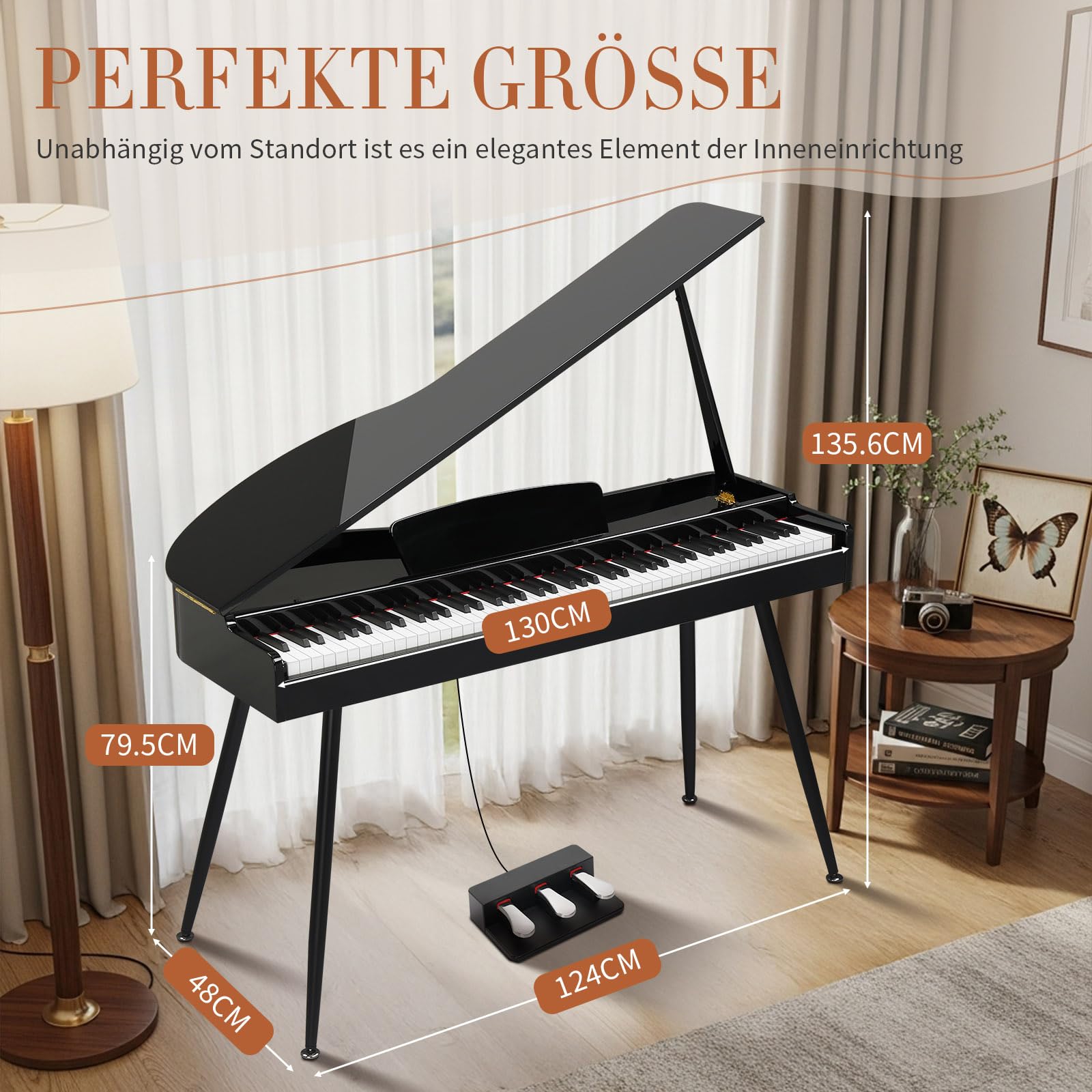 LEADZM Grand Piano, pianoforte digitale con 88 tastiera ponderata e finitura lucida, coperchio pieghevole, suono a 4 altoparlanti, Bluetooth MIDI/audio, nero