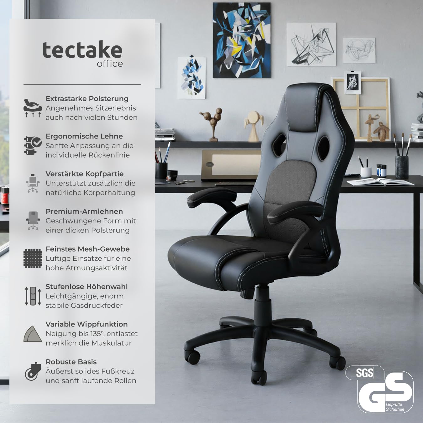 tectake Bürostuhl ergonomisch, Schreibtischstuhl für Home Office, Büro oder Wohnzimmer, Gaming Stuhl mit Schalensitz und ergonomischem Design, Diverse Farben - schwarz