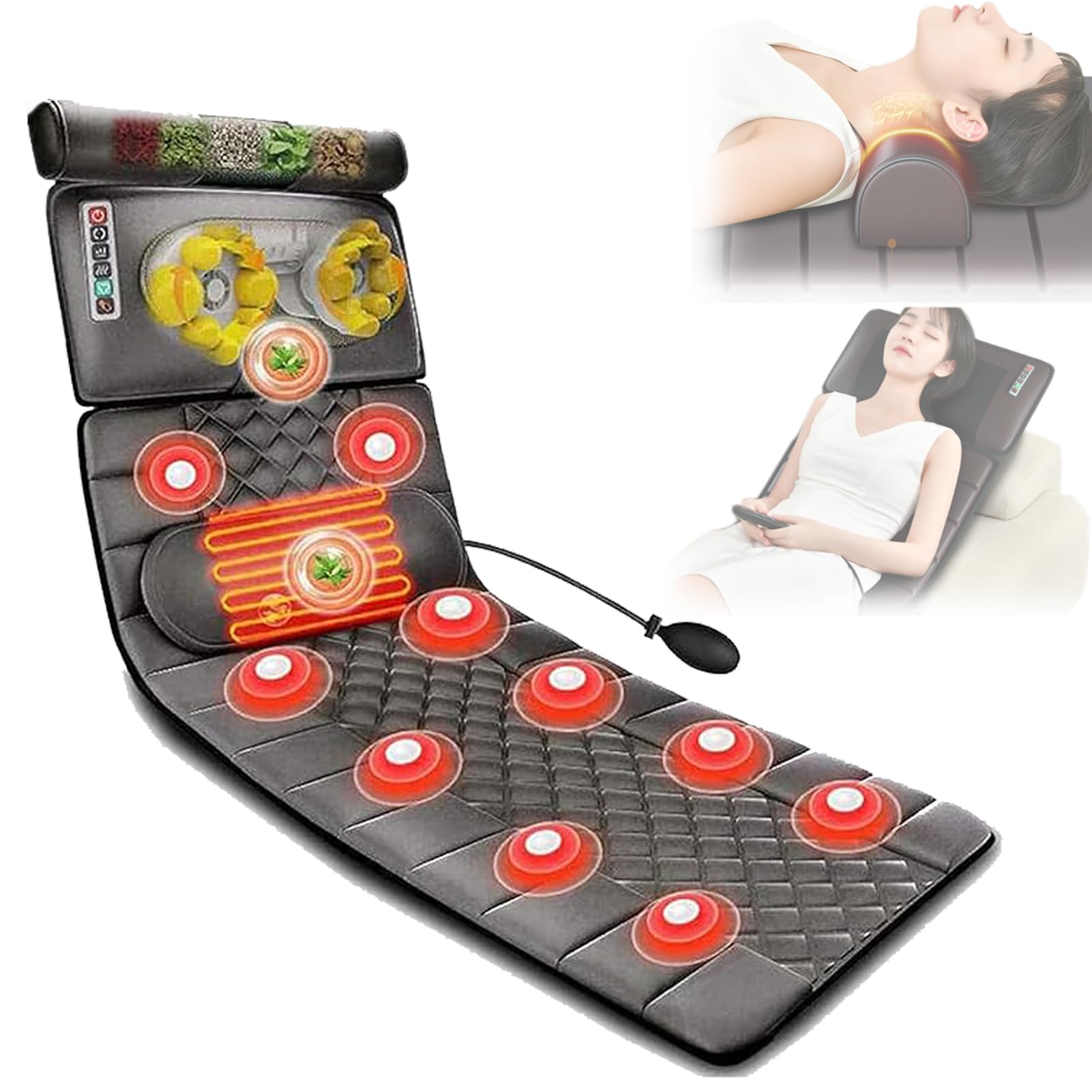 Colchoneta de masaje de cuerpo completo con calor, 10 motores que vibran masajeador de espalda completa, relajación muscular lumbar lumbar, almacenamiento plegable Aprendido extensivamente