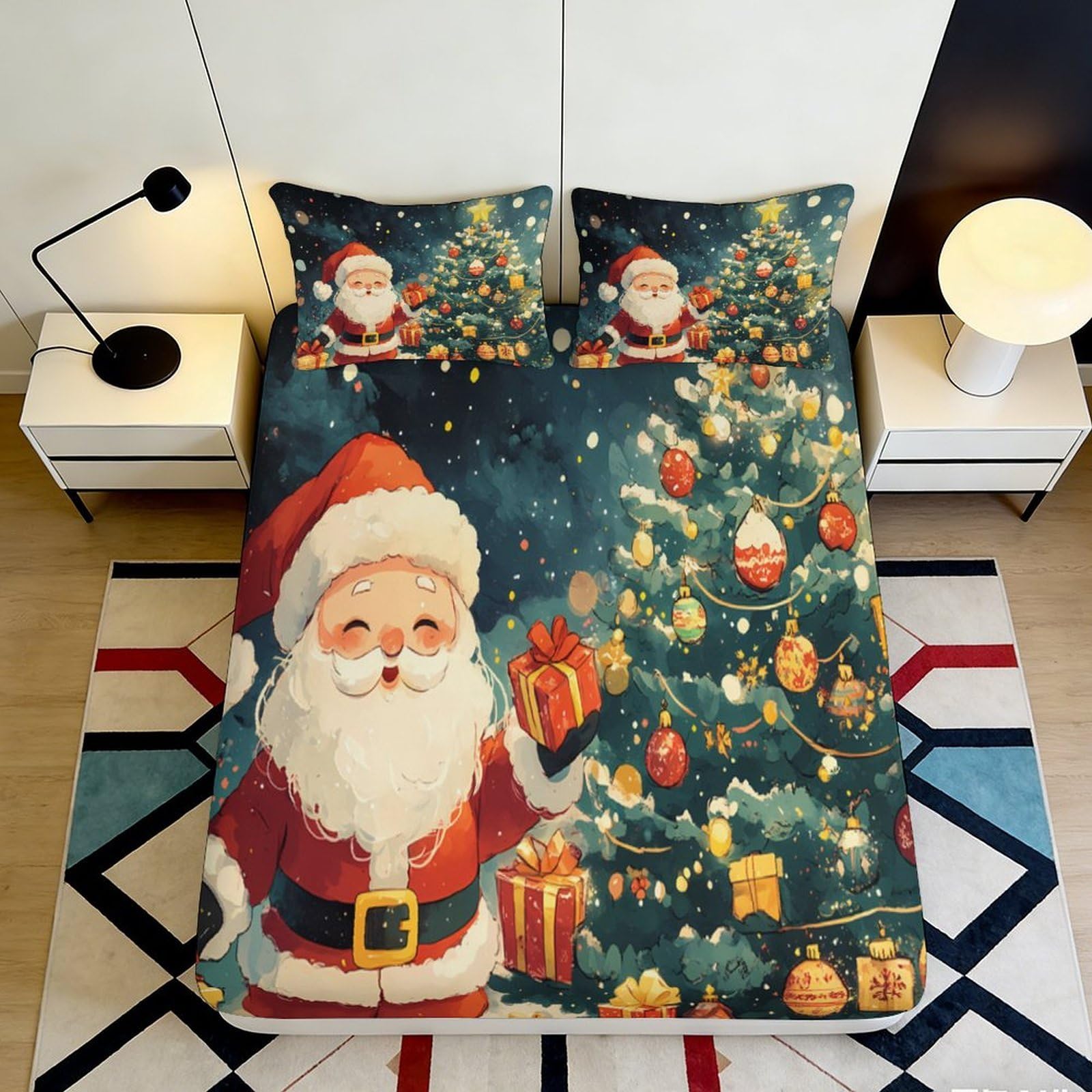 3D Printed Christmas Tree Fitted Sheet Microfiber Soft Santa Claus Bed Cover for Bedroom Guest Room Holiday Decor 90x200x25cm