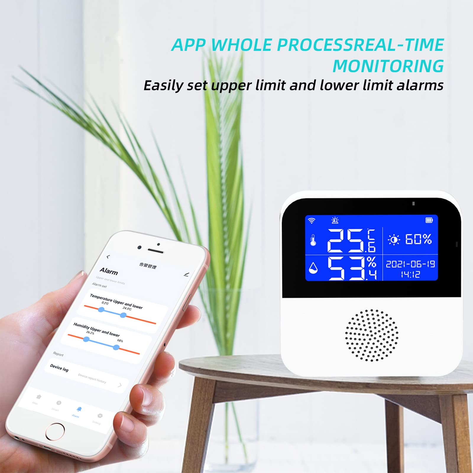 Termómetro inalámbrico higrómetro, termómetro CEIEVER WLAN higrómetro aplicación notificación y almacenamiento de datos Bluetooth Thermo higrómetro funciona con Alexa/Google