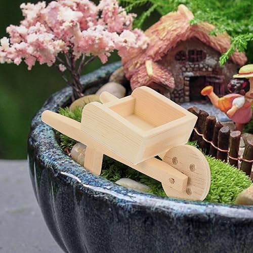 Miniatura 4 de jojofuny Modelo de carretilla de madera pequeña, carrito en miniatura para casa de muñecas, jardín de hadas y decoración del hogar, diseño ligero y