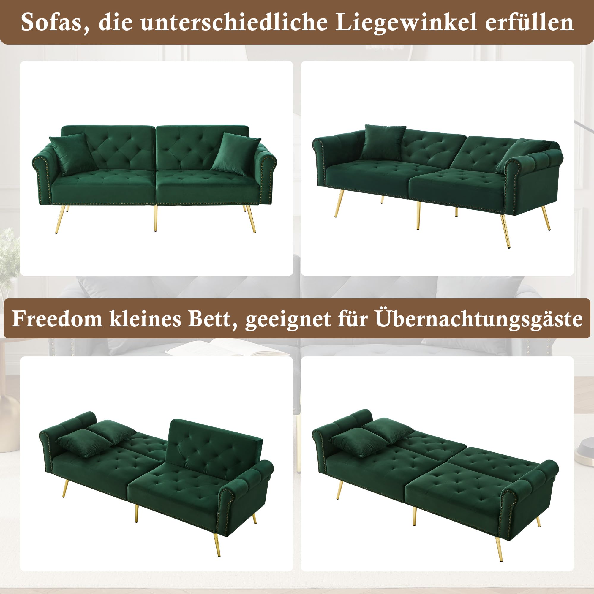 Nowoczesna 2-osobowa sofa z funkcją spania – aksamitne obicie, oparcie z 3-stopniową regulacją i pozłacanymi metalowymi nóżkami, stylowa sofa z funkcją spania – zajmuje mało miejsca, obciążenia