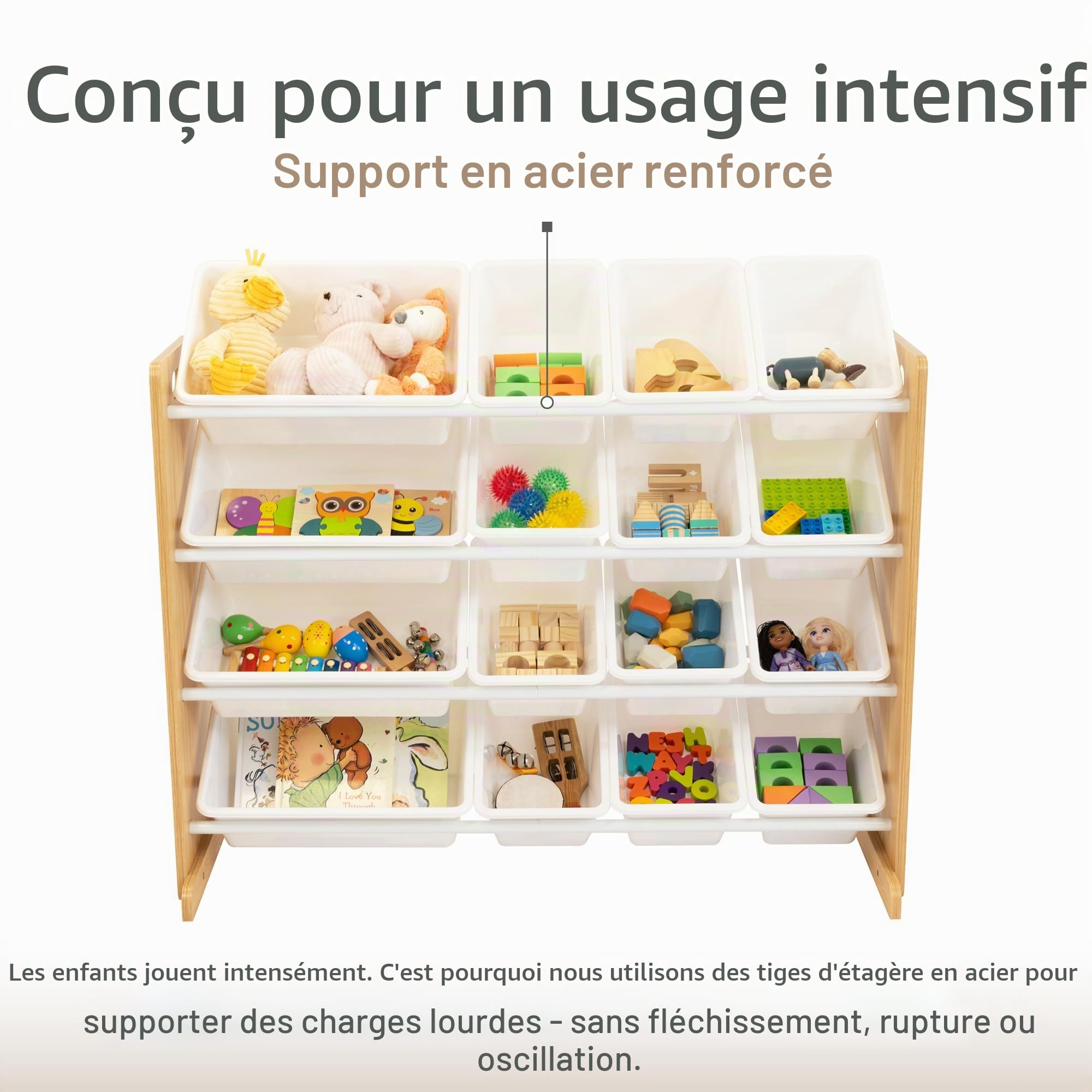 Humble Crew WO166 Étagère pour Enfants - Organisateur de Jouets avec 16 Bacs de Rangement, Naturel/Blanc