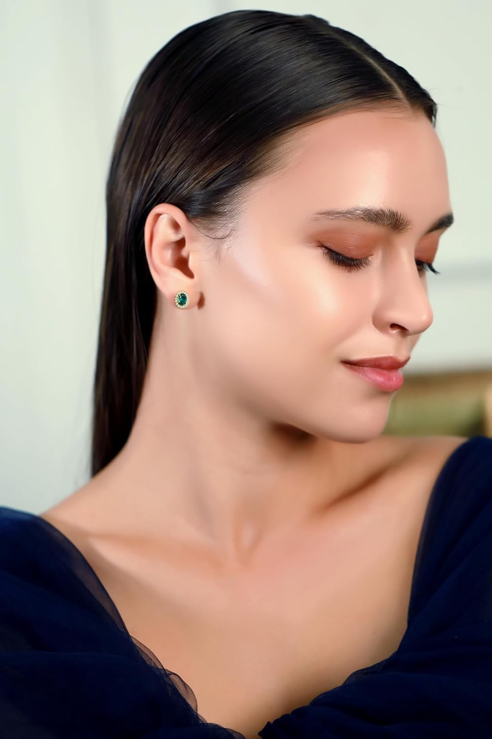 Yellow Gold Flashed Sterling Silver Simulated Emerald and Cubic Zirconia Accents Oval Halo Stud Earrings