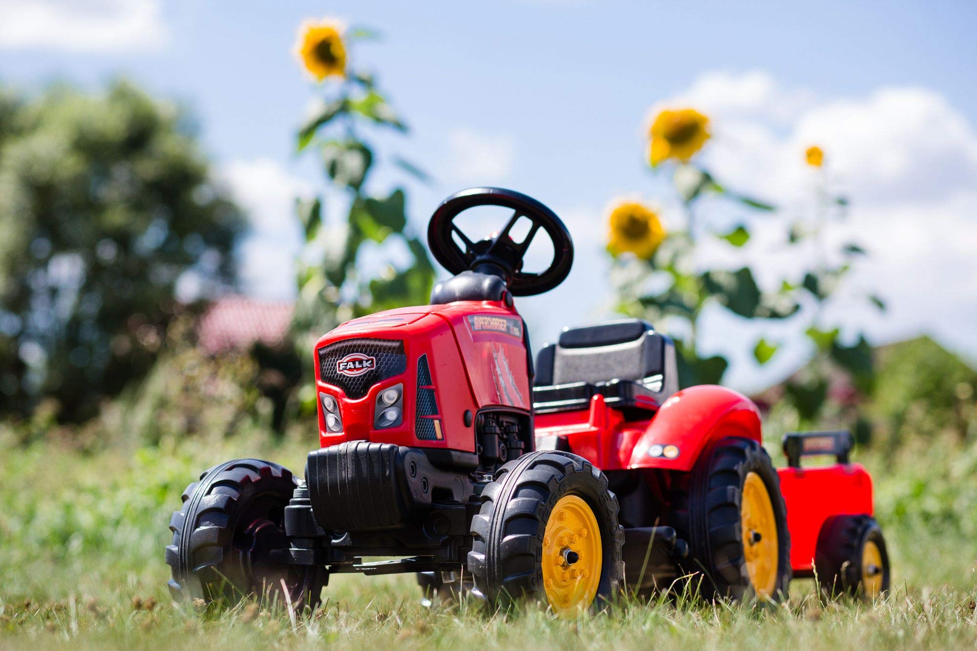 Falk – Traktor z pedałami SuperCharger z przyczepą – od 2 lat – wyprodukowany we Francji – pokrywa otwierana – pilot z kierownicą z klaksonem, 2030AB
