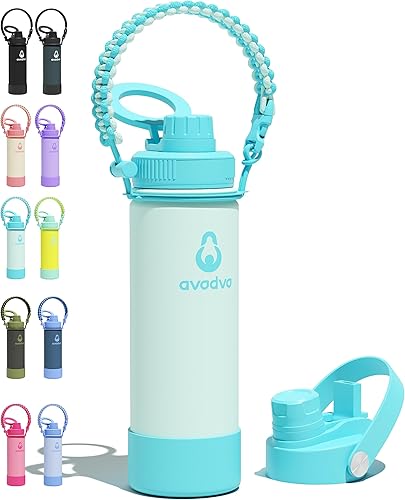 Miniatura 64 de Botella de agua aislada avodvo de 12 onzas con 2 tapas (tapa con popote y boquilla de 2 en 1, tapa magnética), botella de agua para niños con Azul