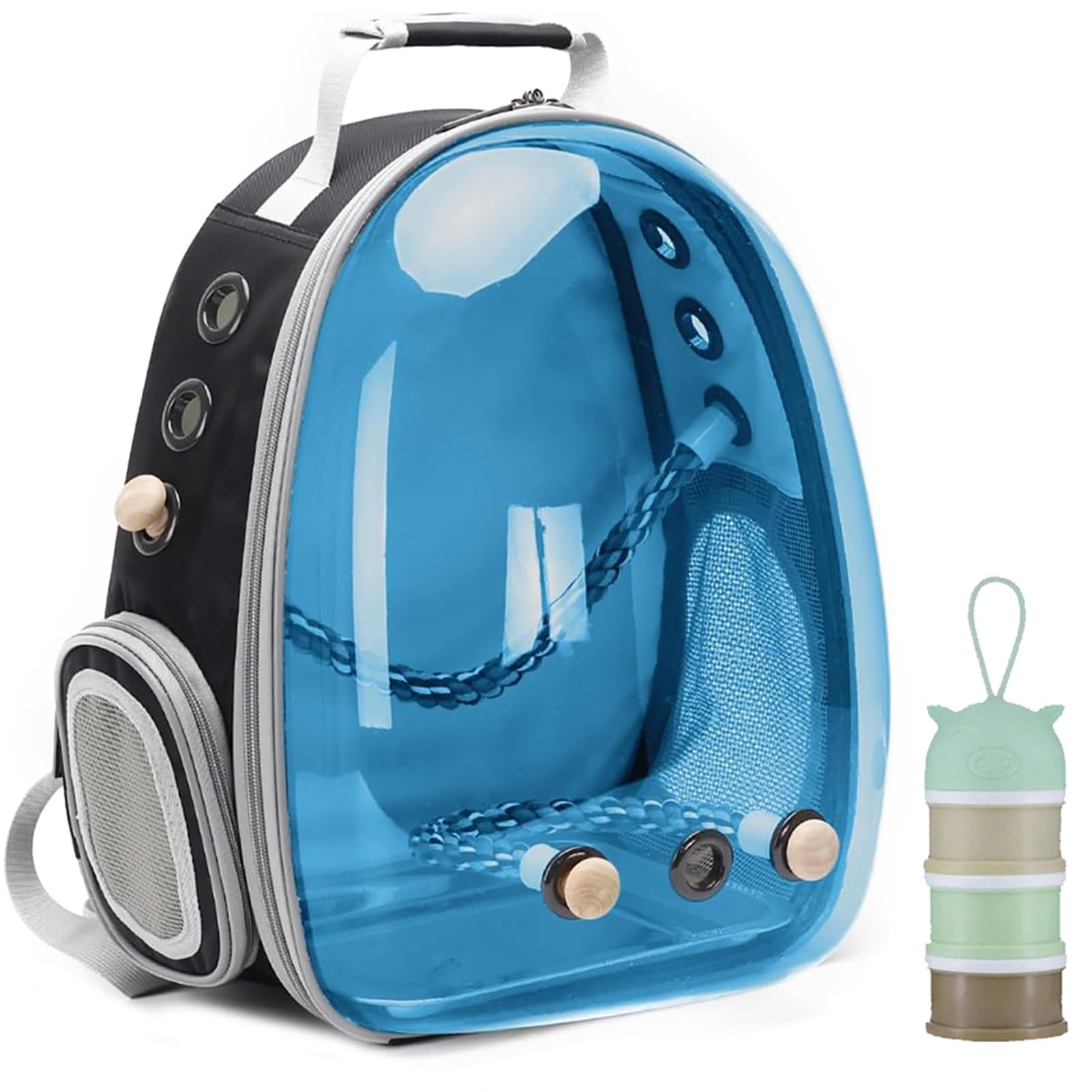Bird Traval Carrier Cage, Polarized Tinted Blue Space Capsule Astronaut Backpack to Carry Parakeet Cockatiel Parrot with Bird Feeder Metal Tray Wood Perch, Vet Transport Bag