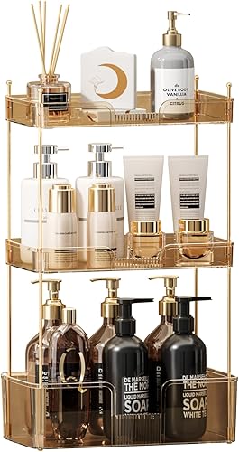Akinbas Organizador de baño de 3 niveles, bandeja de perfume de maquillaje, organizador de cuidado de la piel para tocador de baño (dorado)