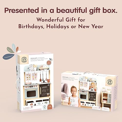 Miniatura 8 de Speedy Monkey Juego de cocina de madera para niños, juego de cocina de 20 piezas, accesorios de madera certificados FSC para alimentos y utensilios