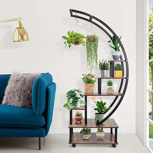 Miniatura 7 de Seeutek 2 soportes de metal de 6 niveles altos para plantas de interior con lazo para colgar, soporte de estante de escalera en forma de media luna,