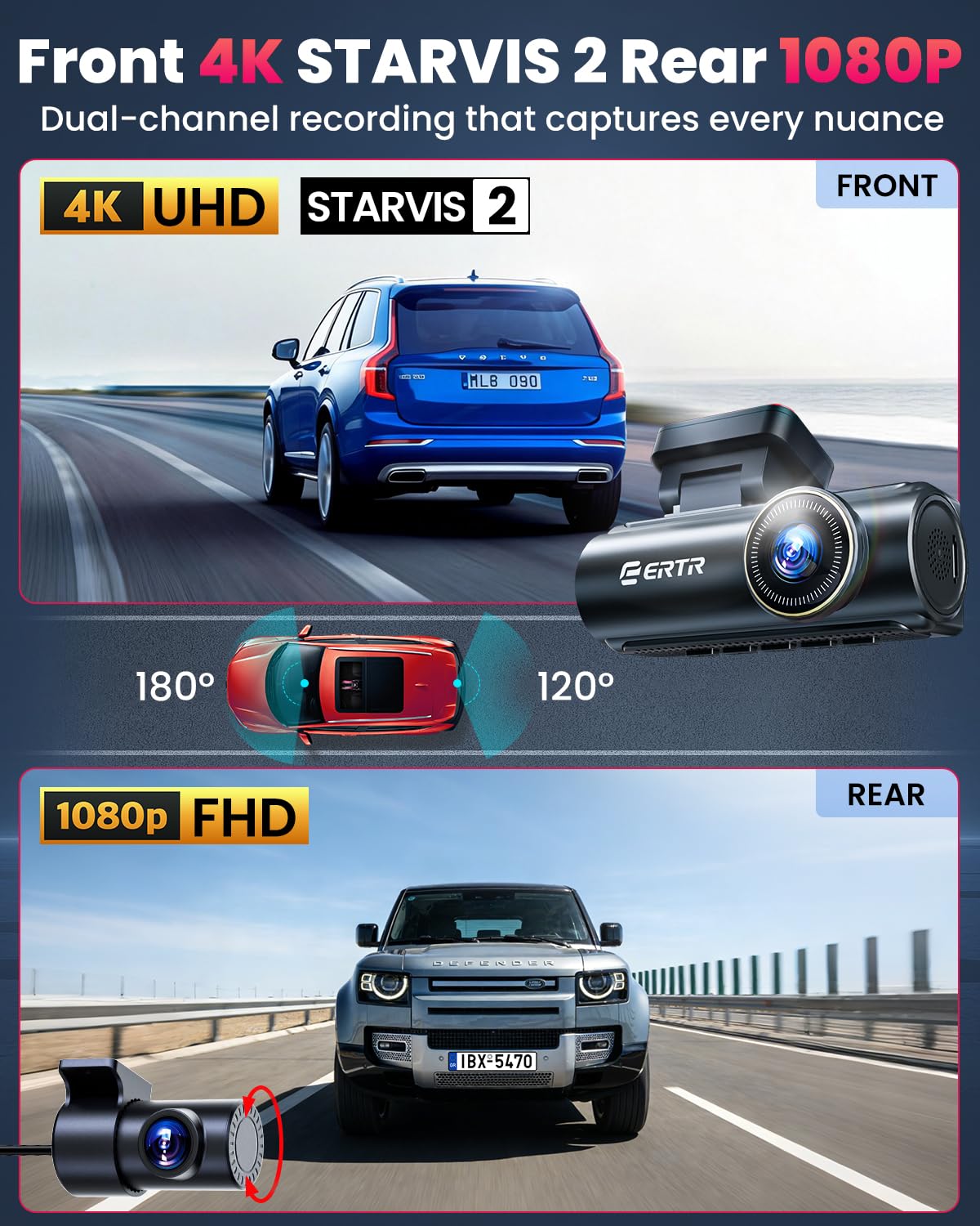 4K Dash Cam Vorne und Hinten, 5GHz WLAN Dashcam mit 64GB SD-Karte, Dual Car Dash Camera, Full HD Dash Cam mit APP-Steuerung, G-Sensor, WDR, USB, Loop Recording Einfache Einrichtung