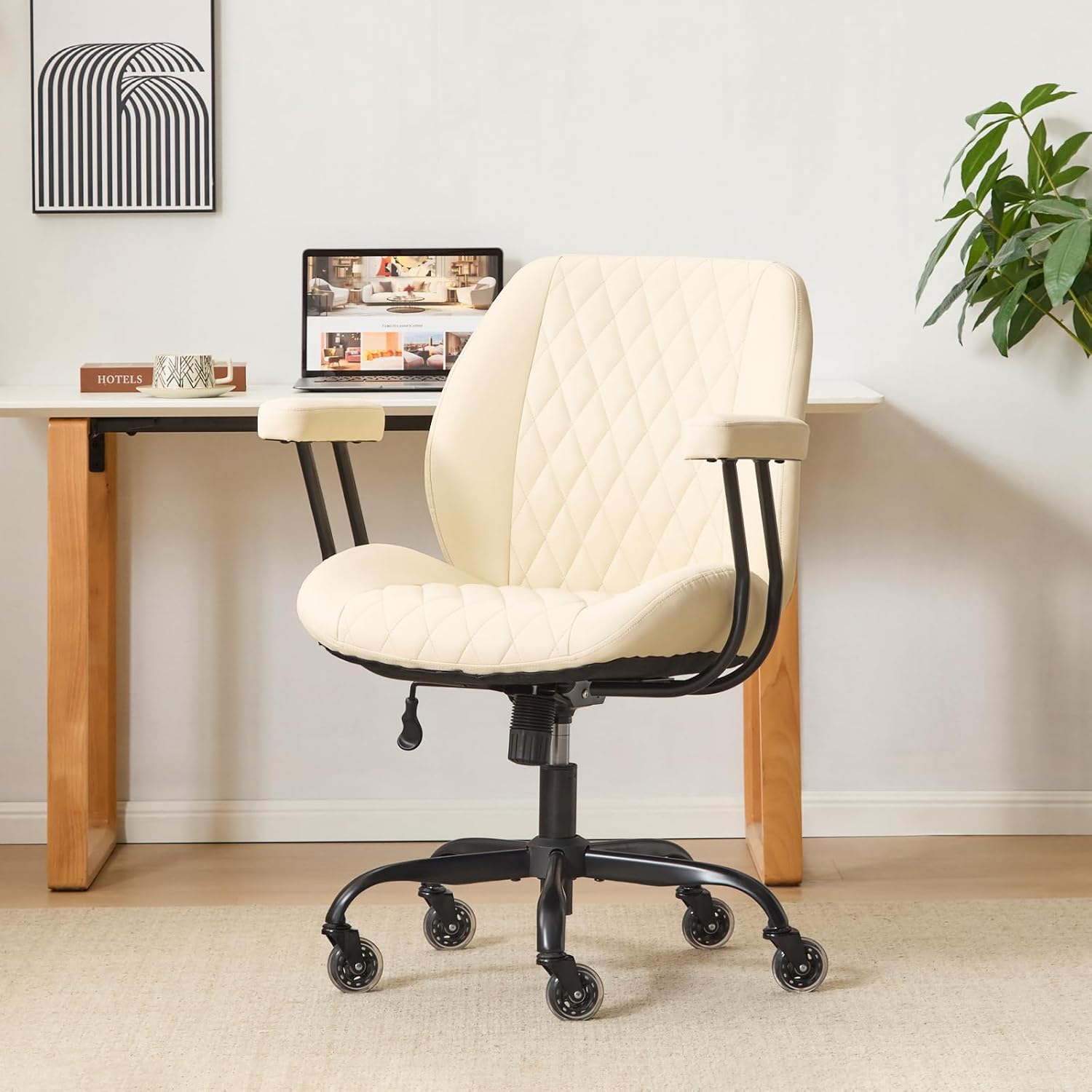 YFO Home Office Desk Chair Office Rubber Casters Ergonomic Computer Chair with Lumbar Support Adjustable Height Rolling Swivel Executive Task Armrests Chair? Cream Leather Cream Mid Back