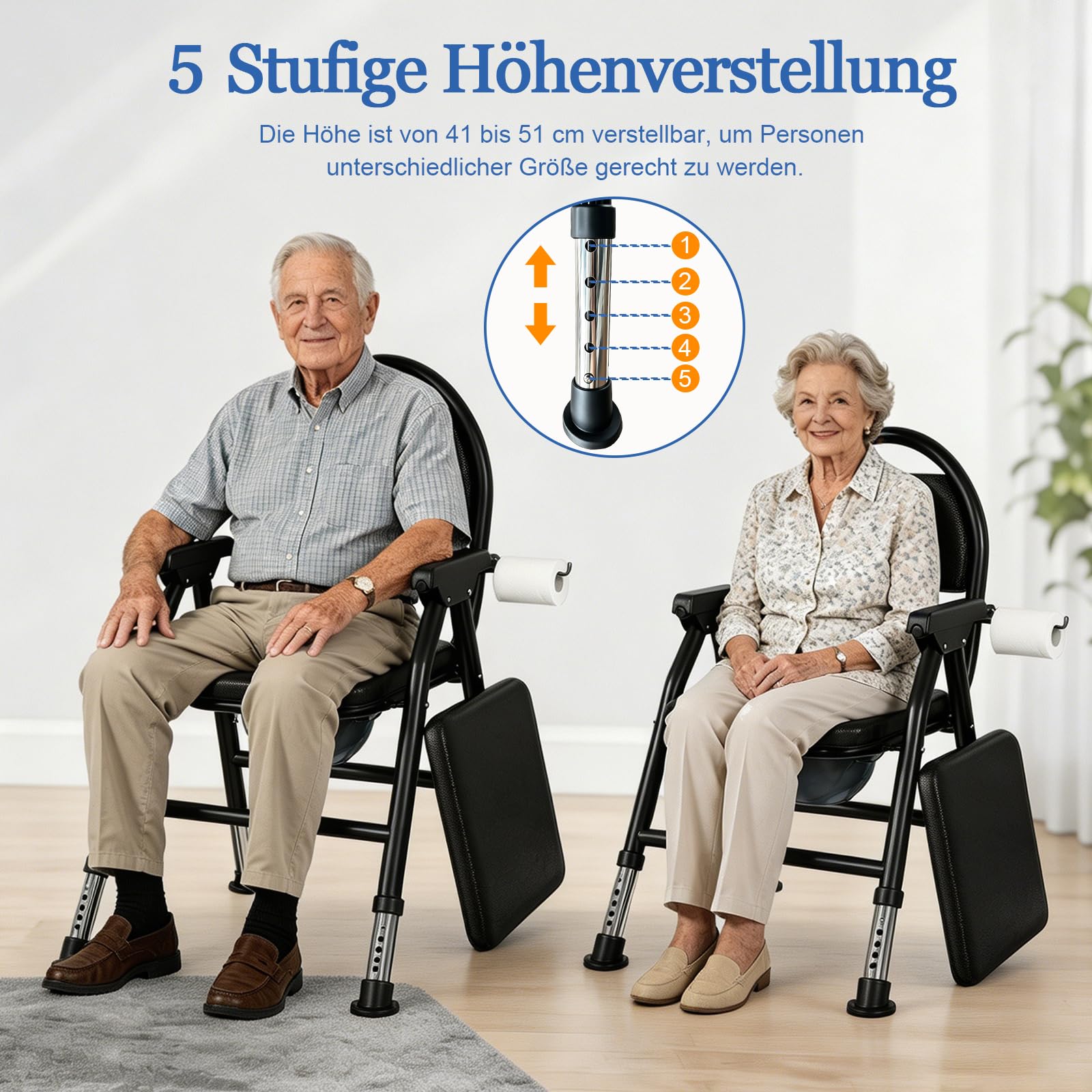 NJUN Toilettenstuhl Klappbar mit Eimer, Kompakter Nachtstuhl für Senioren Höhenverstellbar, WC Stuhl Bett mit Gepolstert für Schlafzimmer Pflege, Stabil Bis 200 kg