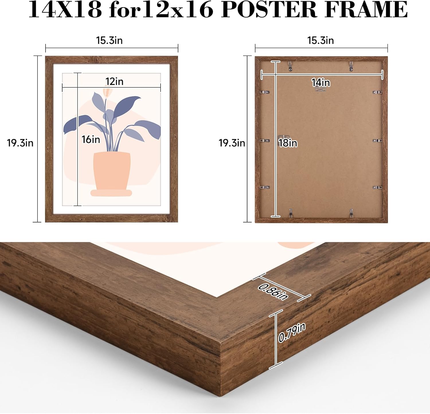 HLiWEGNS Light Walnut 14x18 Frame - Single Frame - Rustic Woodgrain 14 x 18 Poster Frame for Pictures 12x16 with Mat or 14x18 Picture Frame Without Mat for Wall Gallery Display - Ideal Christmas Day